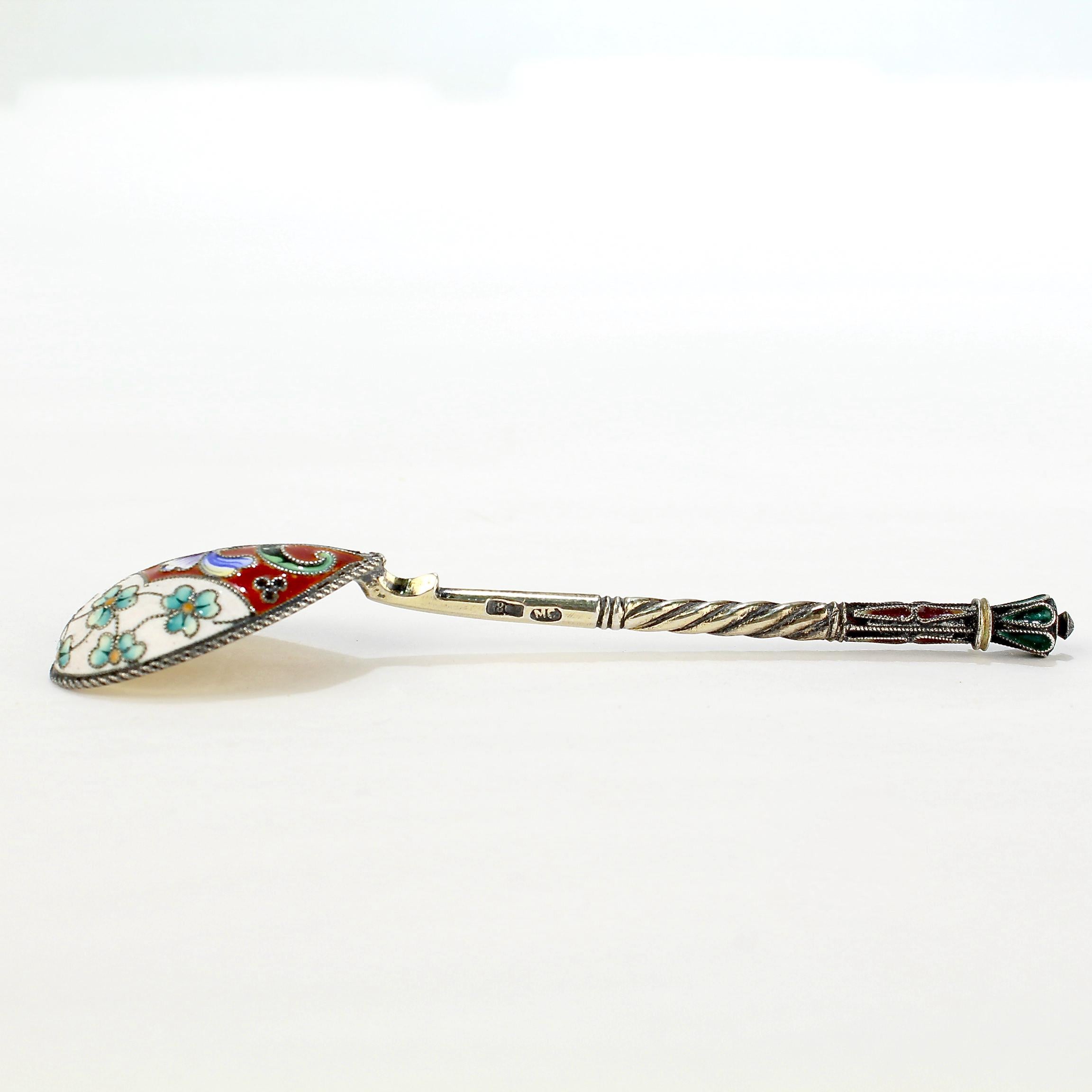 Russian Silver & Shaded Cloisonne Enamel Tea / Kvosh Spoon by Maria Soko         In Good Condition For Sale In Philadelphia, PA