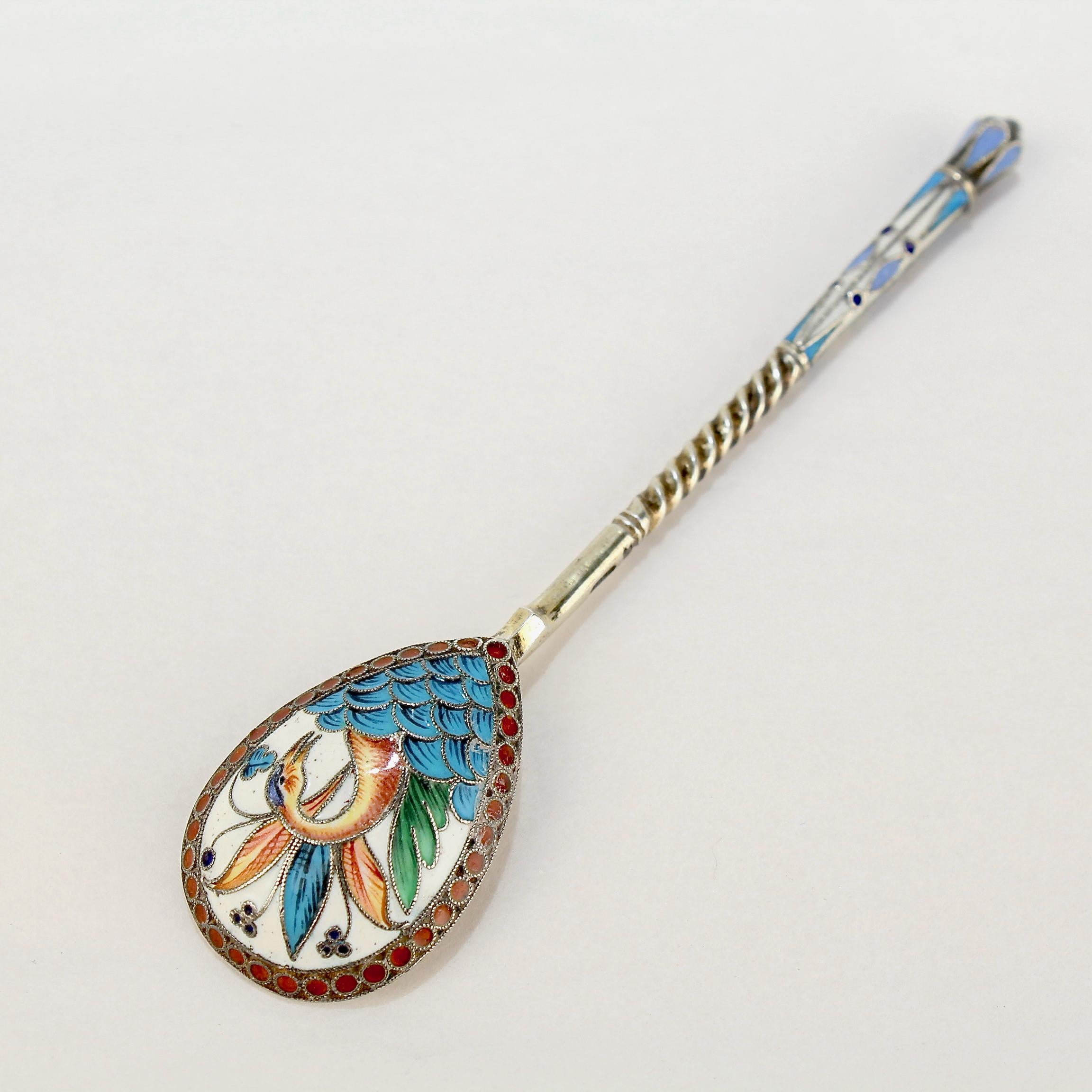 A very fine antique Russian tea or kvosh spoon.

Attributed to Maria Sokolova.

With polychrome shaded cloisonné enamel decoration to both the front and reverse.

Simply a wonderful piece of Imperial Russian silver!

Date:
Late 19th or Early 20th