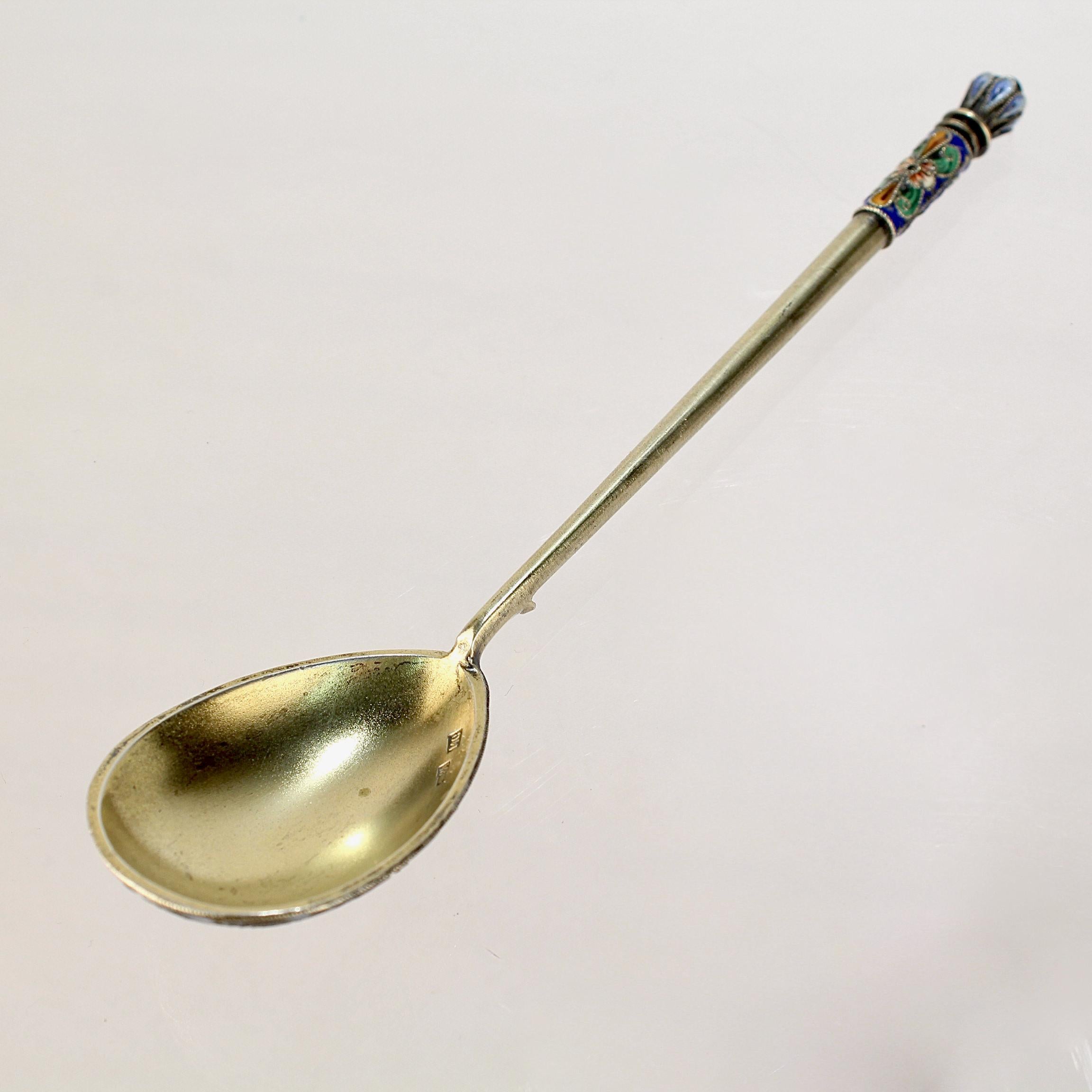 Russian Empire Russian Silver & Shaded Cloisonne Enamel Tea or Kvosh Spoon by Maria Sokolova