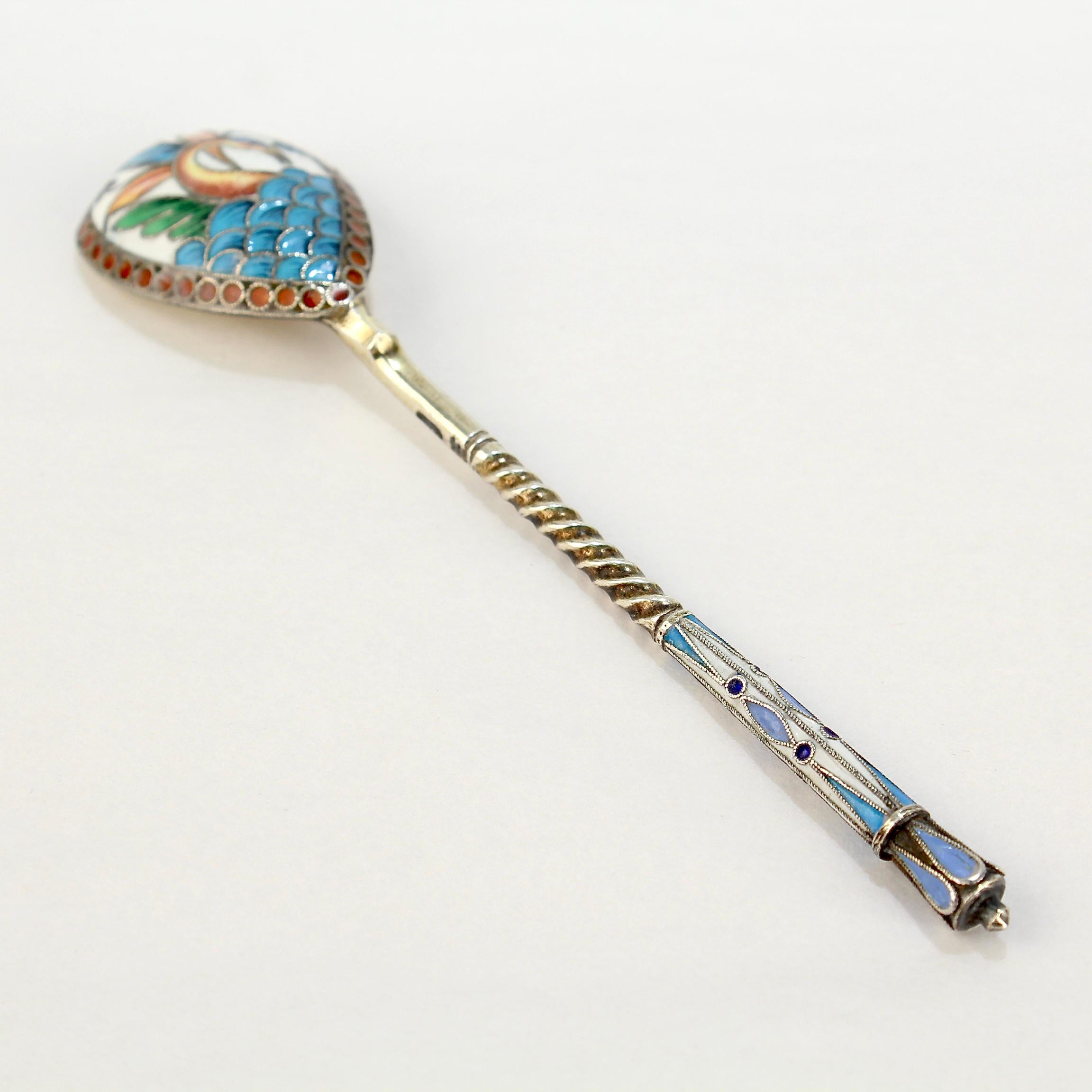 Russian Empire Russian Silver & Shaded Cloisonné Enamel Tea or Kvosh Spoon by Maria Sokolova