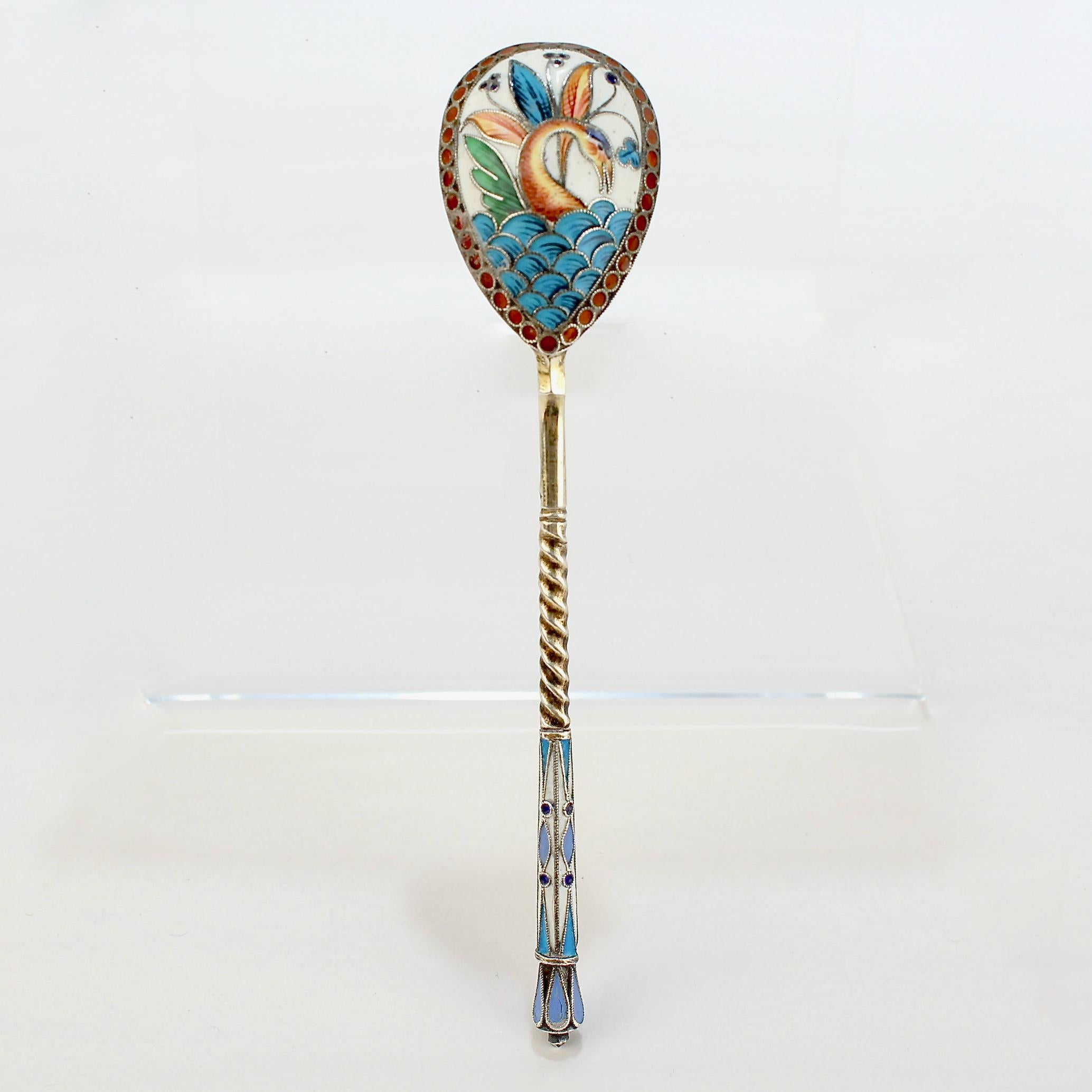 Russian Silver & Shaded Cloisonné Enamel Tea or Kvosh Spoon by Maria Sokolova In Good Condition In Philadelphia, PA