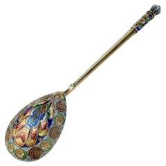 Russian Silver & Shaded Cloisonne Enamel Tea or Kvosh Spoon by Maria Sokolova