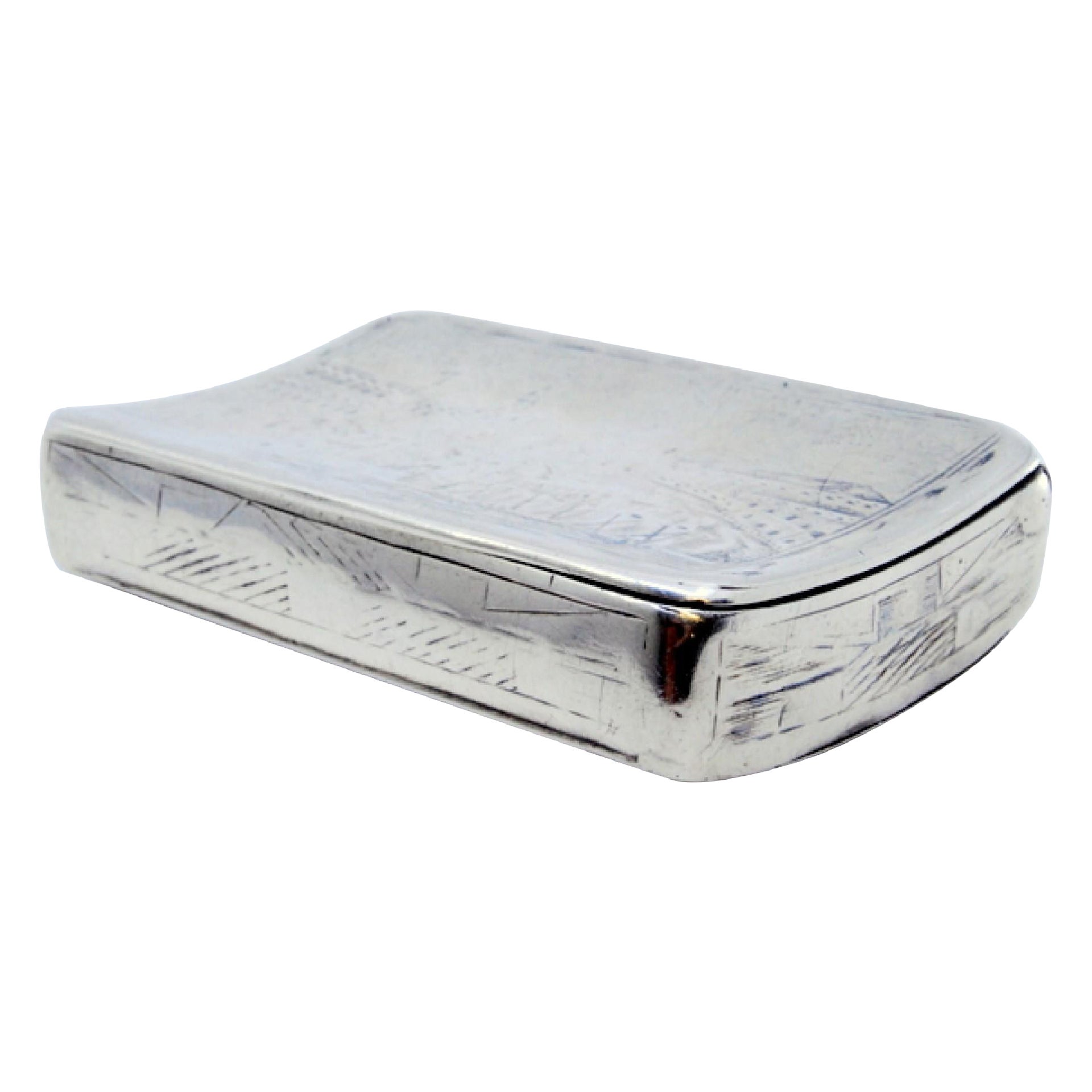 Russian silver snuff box with a curved shape and traces of engraving