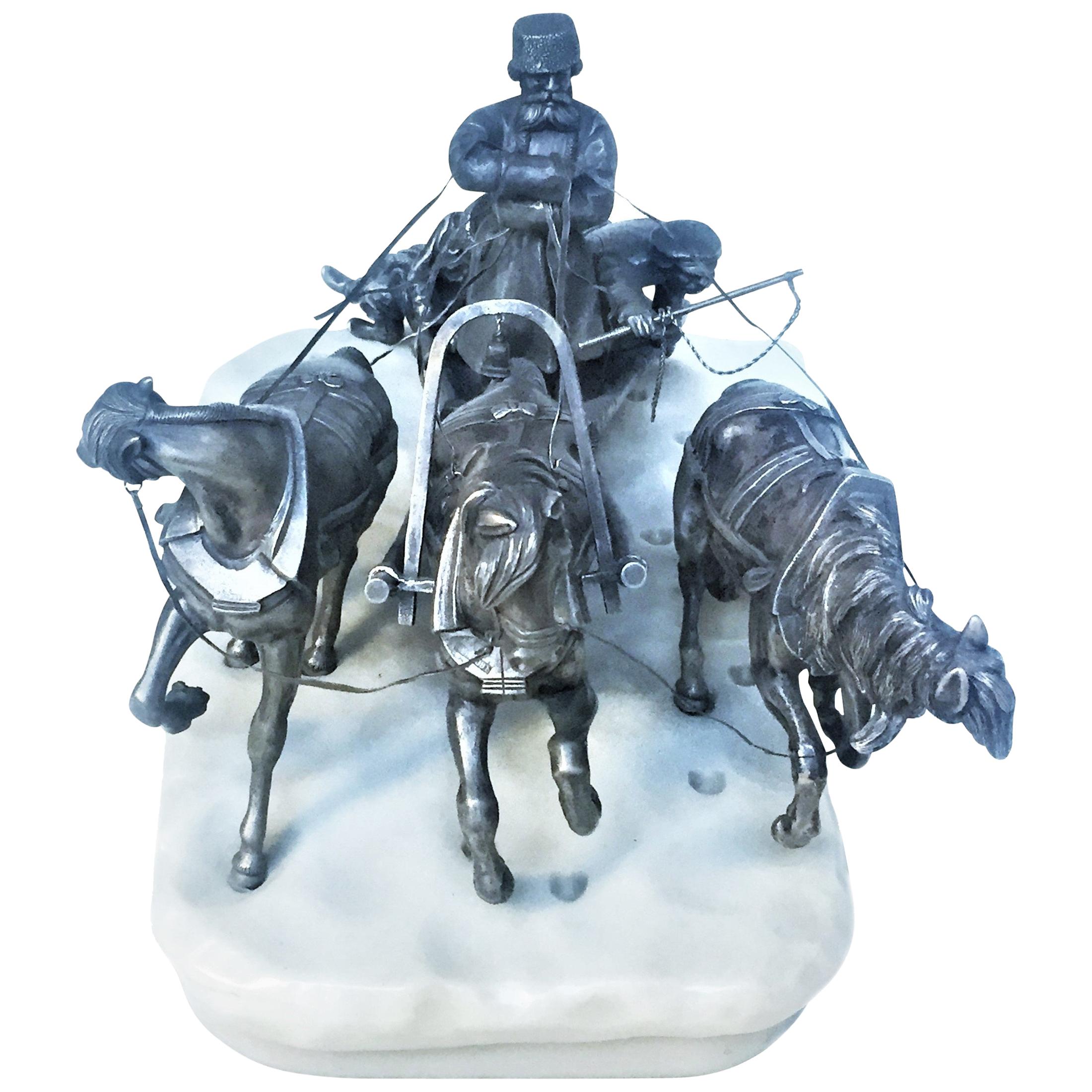 Russian Silver Troika Sculpture, I. Sazikov after E. Lanceray, Moscow, ca. 1875 For Sale