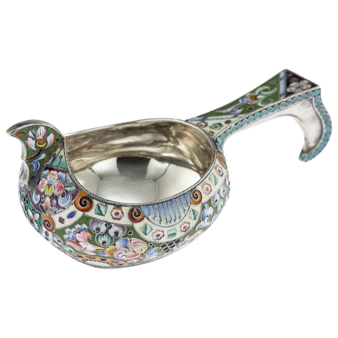 Russian Solid Silver and Shaded Enamel Kovsh, Grigory Sbitnev, circa 1910