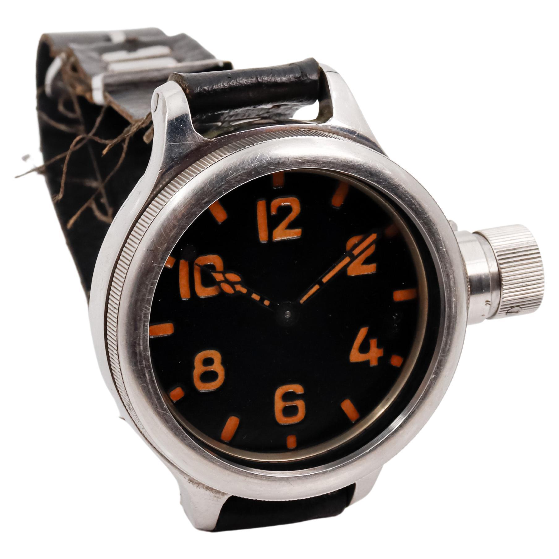 FACTORY / HOUSE: Russian by The Hampden Watch Company
STYLE / REFERENCE: Utilitarian Military Style
METAL / MATERIAL: Stainless Steel 
CIRCA / YEAR: 1950's
DIMENSIONS / SIZE: Length 77mm X Diameter 60mm
MOVEMENT / CALIBER:  Manual Winding /  15