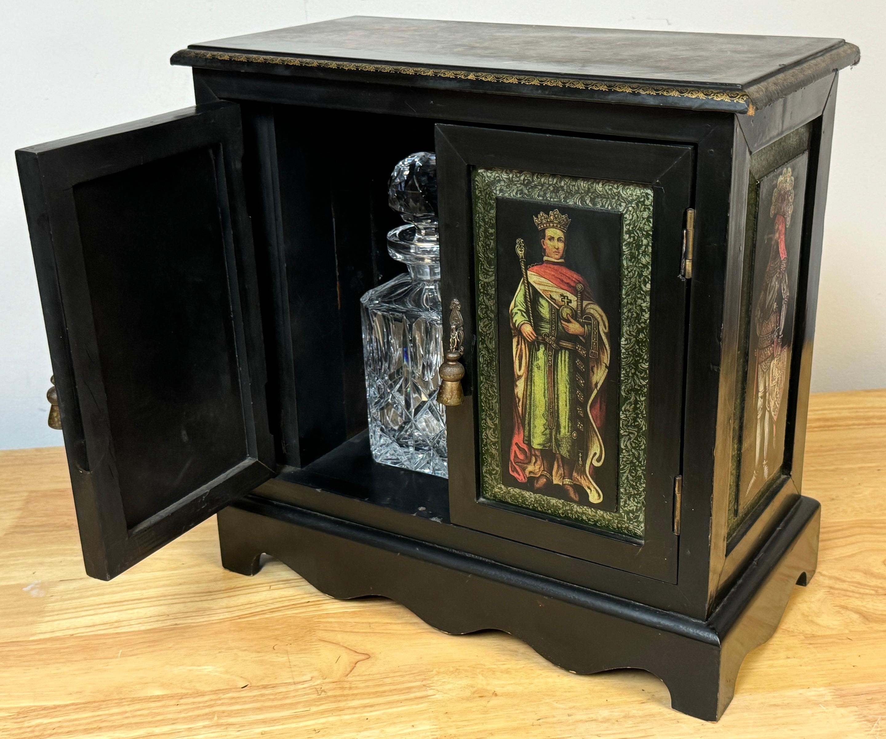 Russian Style Polychromed Lacquer Dry Bar /Tauntless with 2 crystal Decanters For Sale 2