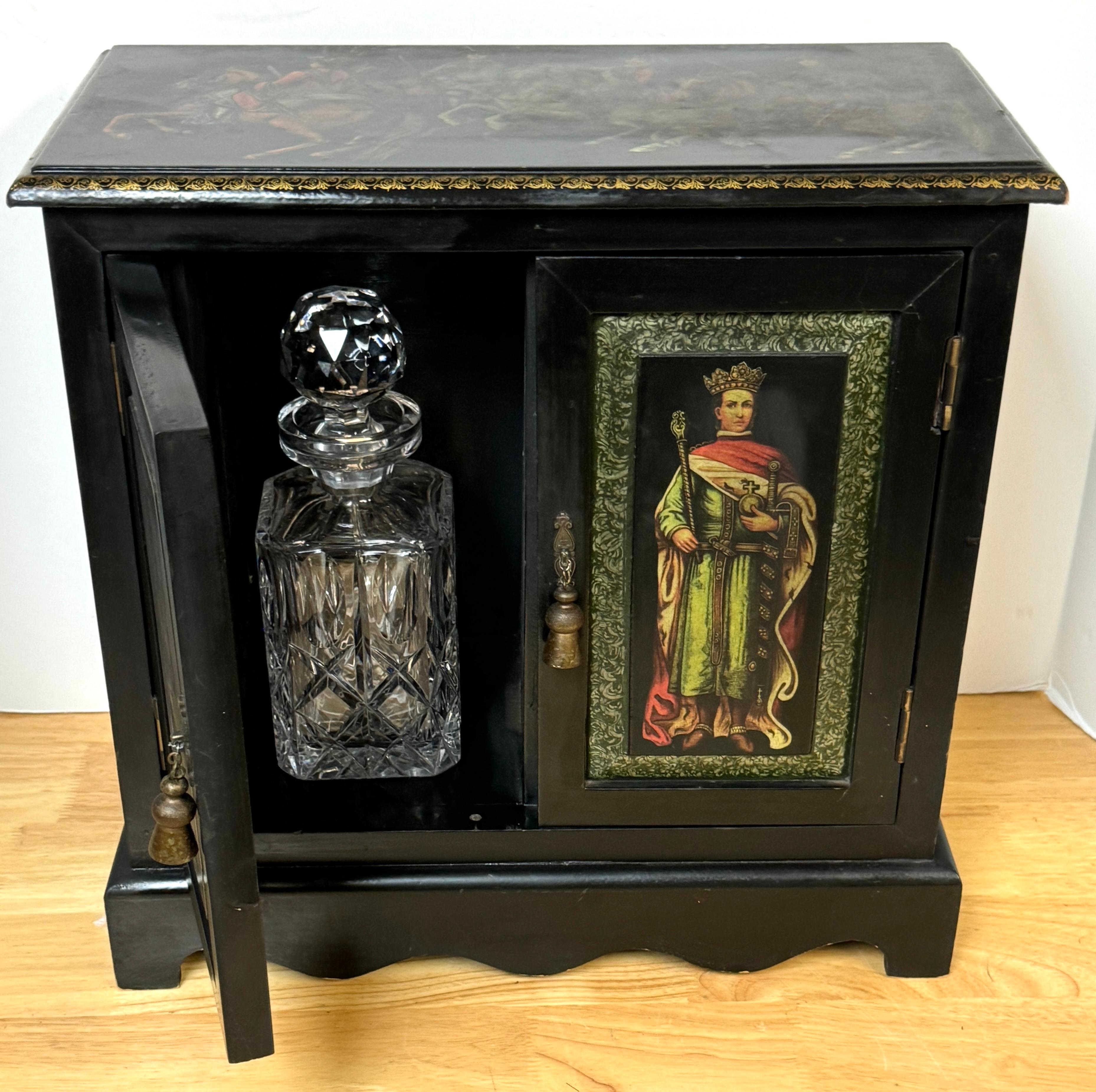 Russian Style Polychromed Lacquer Dry Bar /Tauntless with 2 crystal Decanters For Sale 3