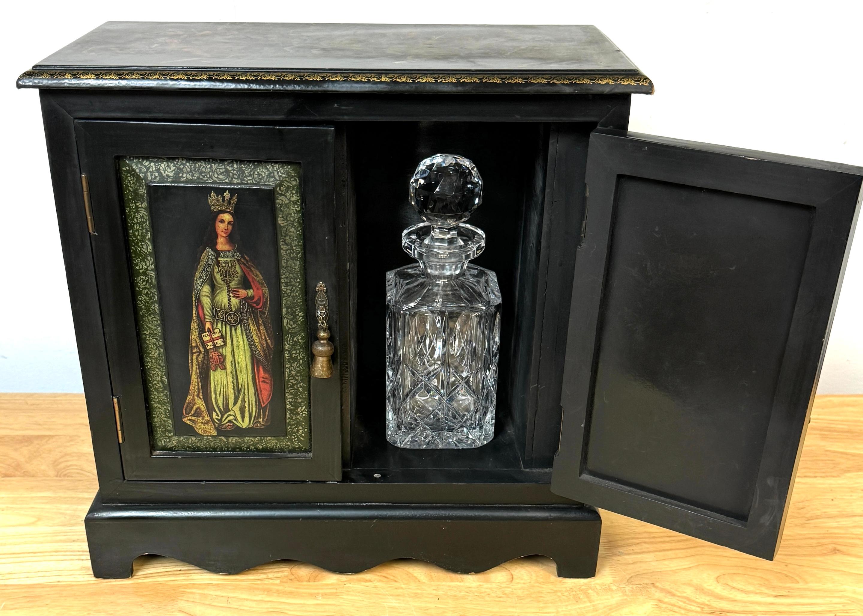 Russian Style Polychromed Lacquer Dry Bar /Tauntless with 2 crystal Decanters For Sale 4