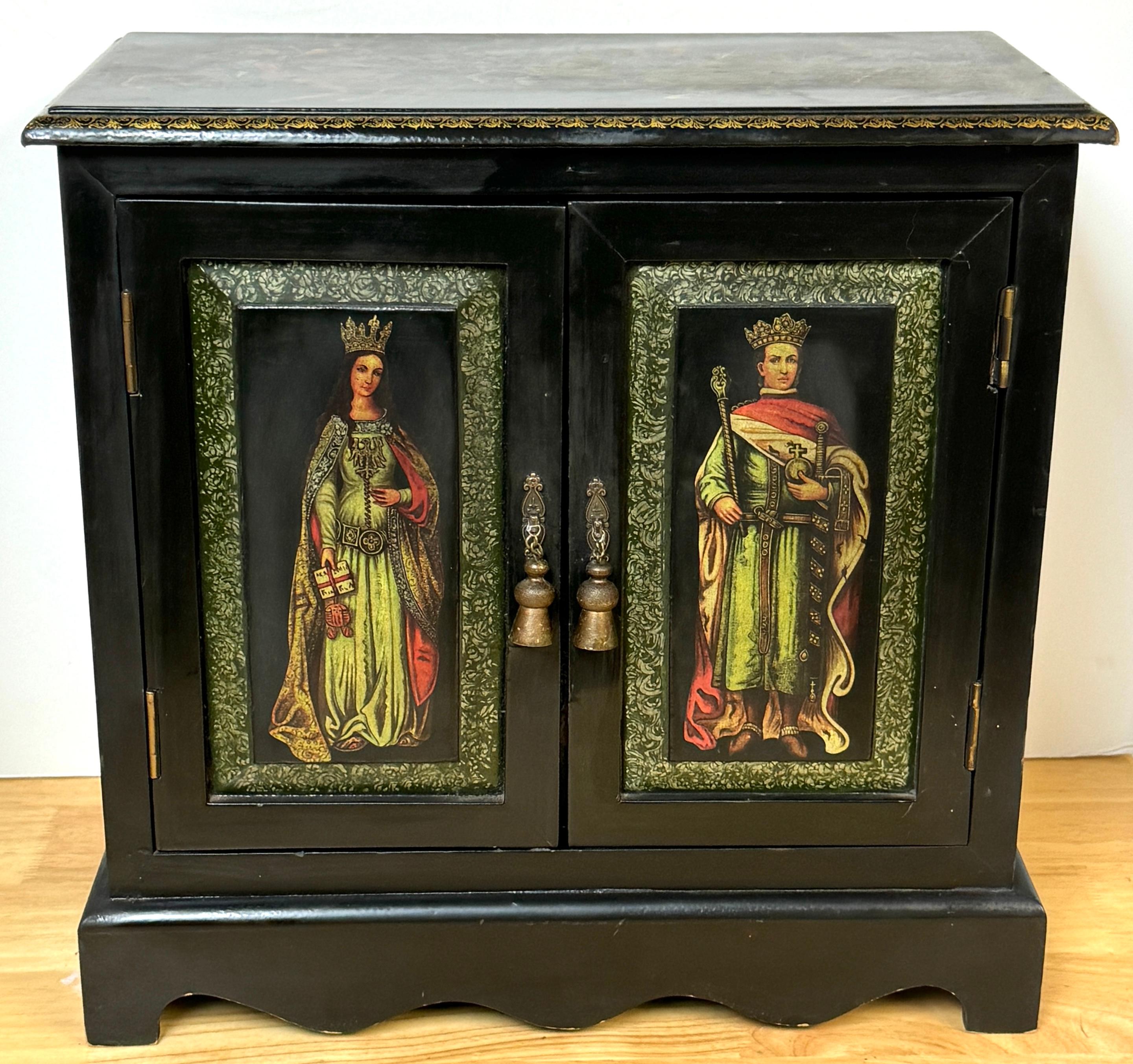 Russian Style Polychromed Lacquer Dry Bar/Tauntless with 2 Crystal Decanters, European, Circa 1950s

This stunning Russian-style polychromed lacquer dry bar, dating from the 1950s, is a beautiful blend of artistry and functionality. The rectangular