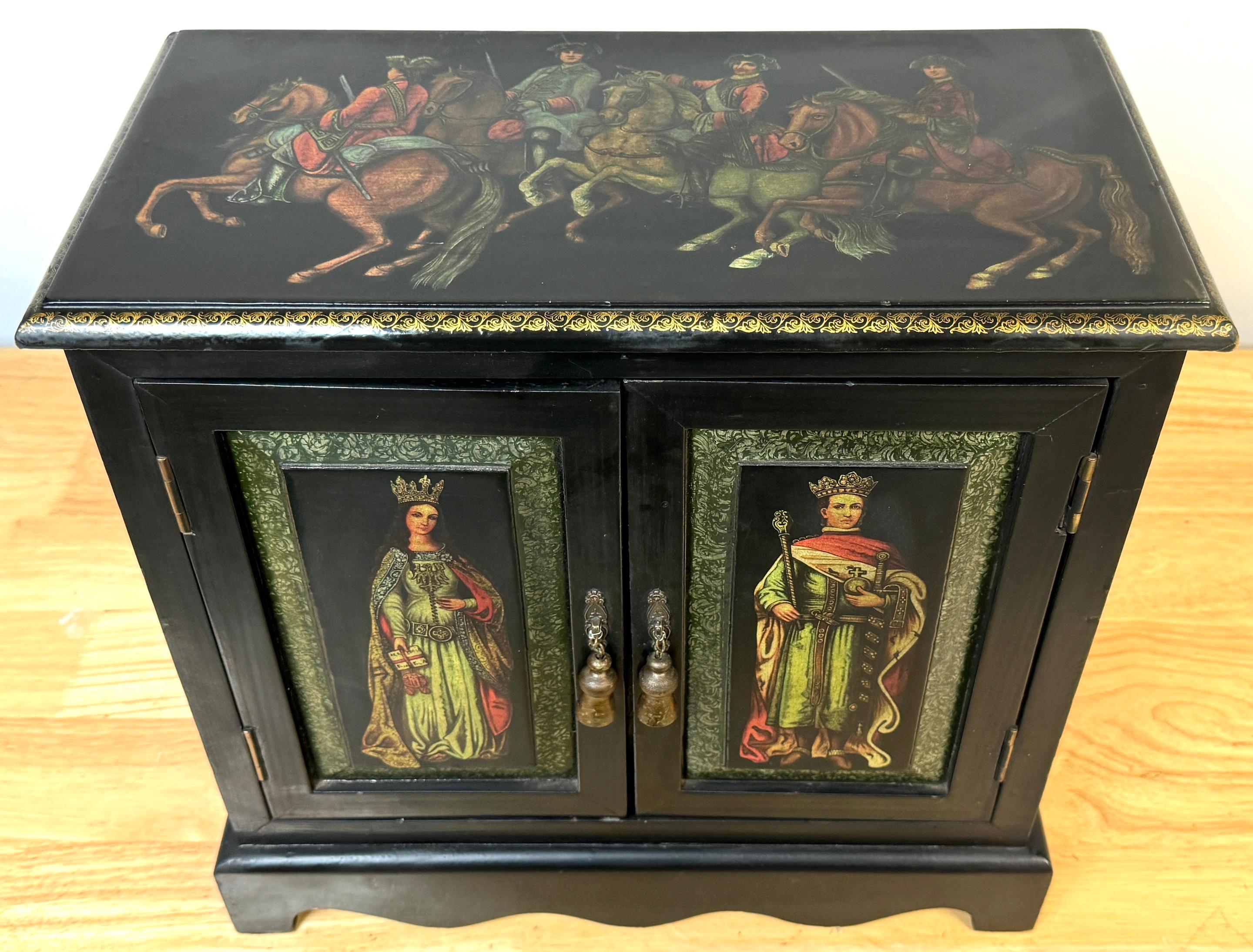 Renaissance Russian Style Polychromed Lacquer Dry Bar /Tauntless with 2 crystal Decanters For Sale