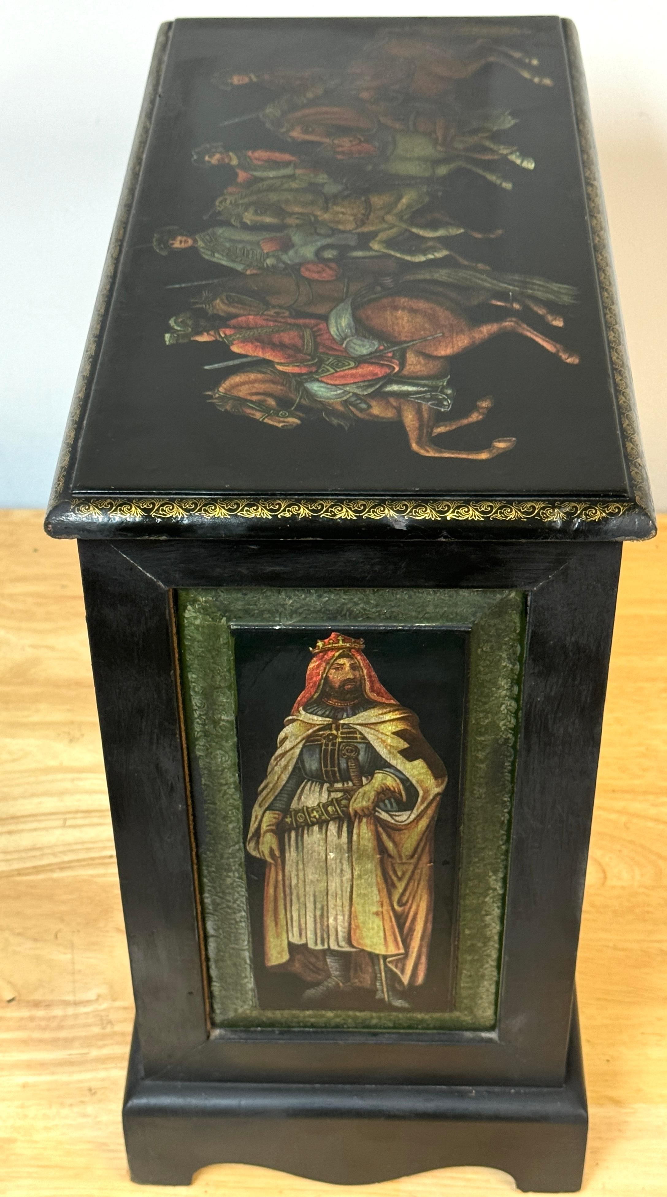 Gilt Russian Style Polychromed Lacquer Dry Bar /Tauntless with 2 crystal Decanters For Sale