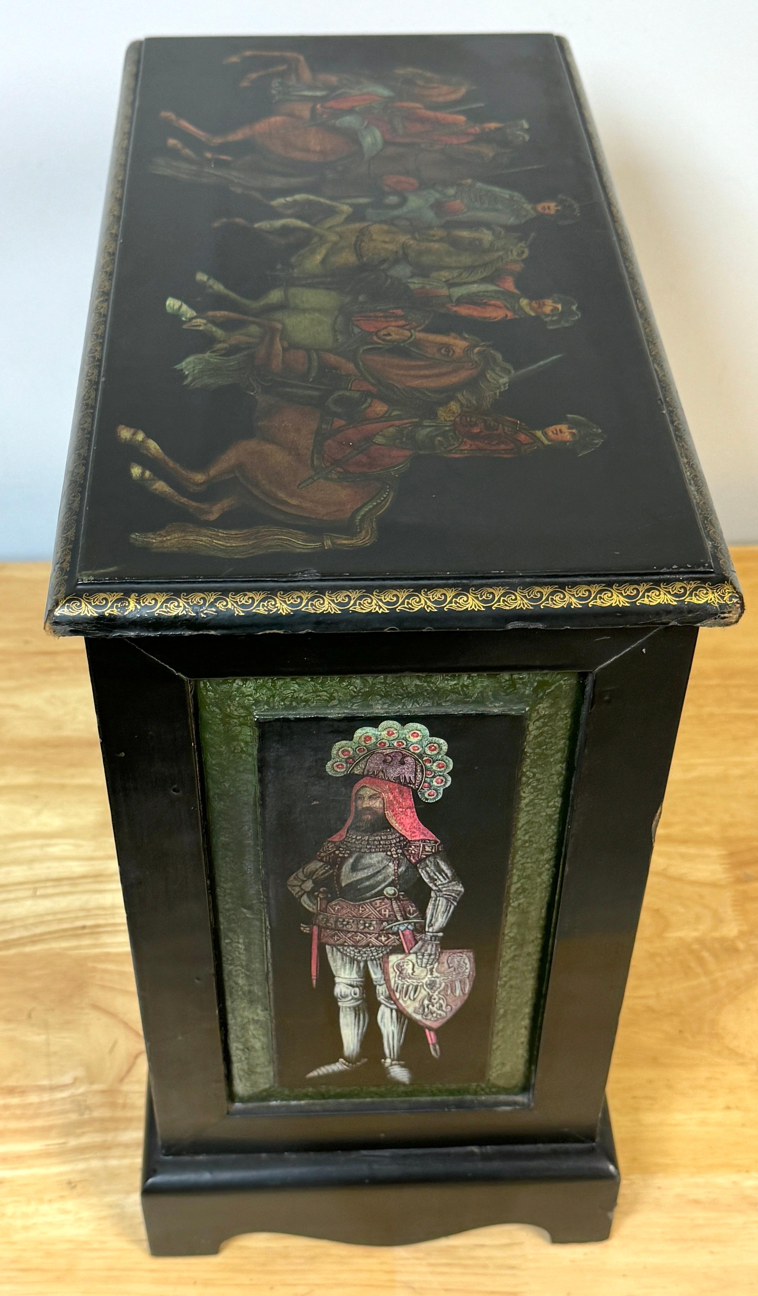 20th Century Russian Style Polychromed Lacquer Dry Bar /Tauntless with 2 crystal Decanters For Sale