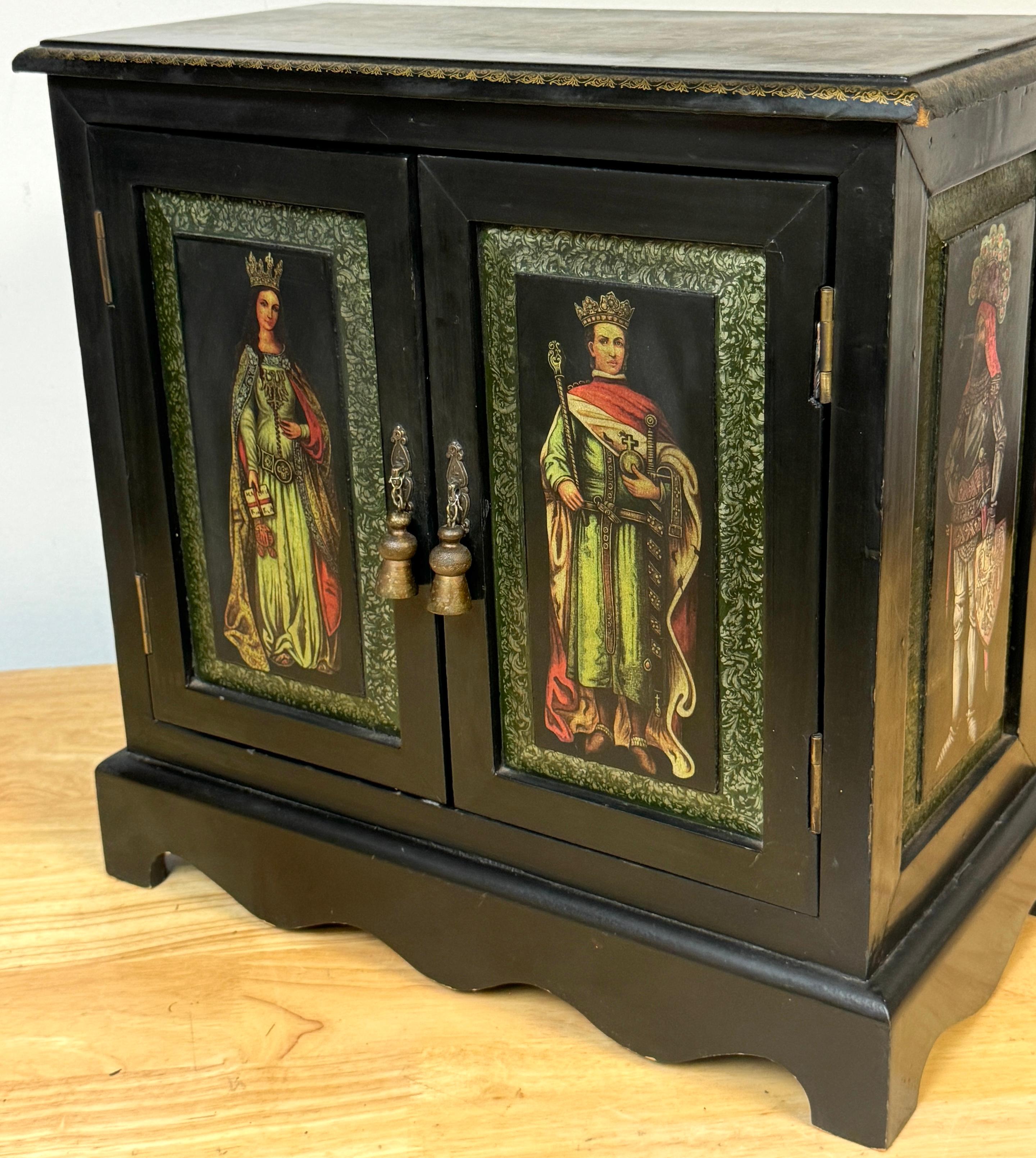 Russian Style Polychromed Lacquer Dry Bar /Tauntless with 2 crystal Decanters For Sale 1