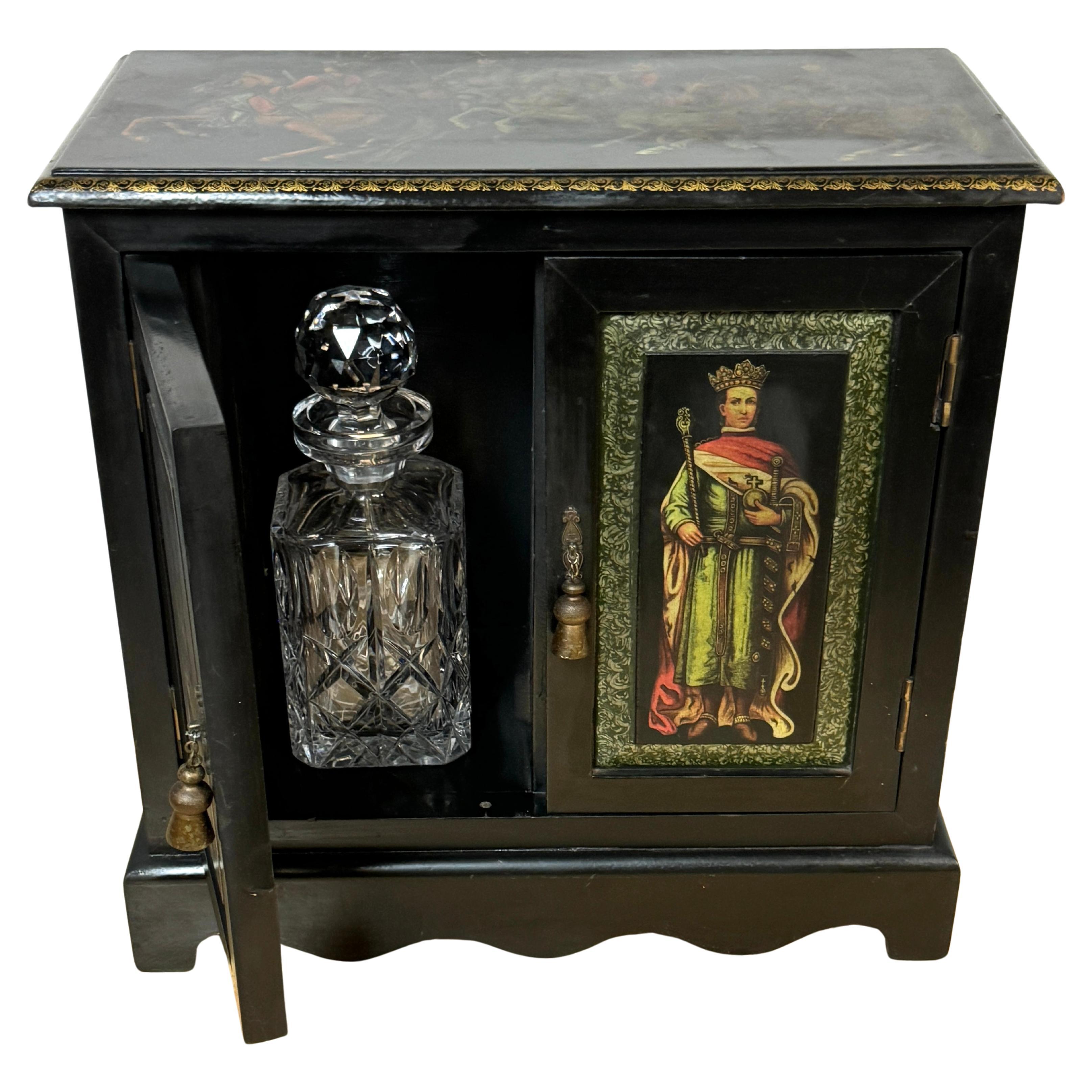 Russian Style Polychromed Lacquer Dry Bar /Tauntless with 2 crystal Decanters