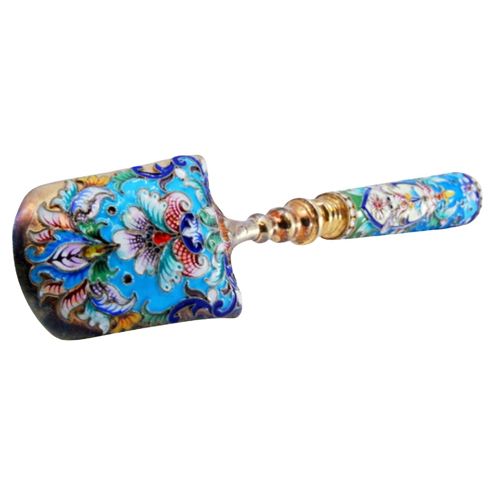 Russian-style silver spice spoon with cloisonné enamel and gilding