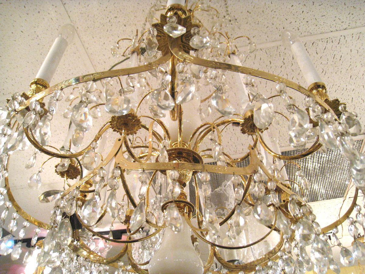 Russian Style White Opaline and Bronze Six-Light Chandelier 1