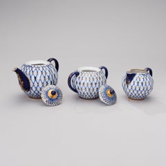 Russian Tea Set Cobalt Net Lomonosov Porcelain, Sovjet Union
