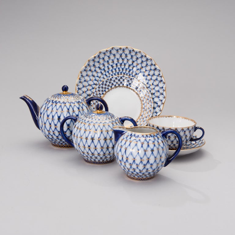 Russian Tea Set of 16 Piece Cobalt Net Lomonosov Porcelain, Sovjet