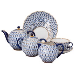 Russian Tea Set Cobalt Net Lomonosov Porcelain, Sovjet Union