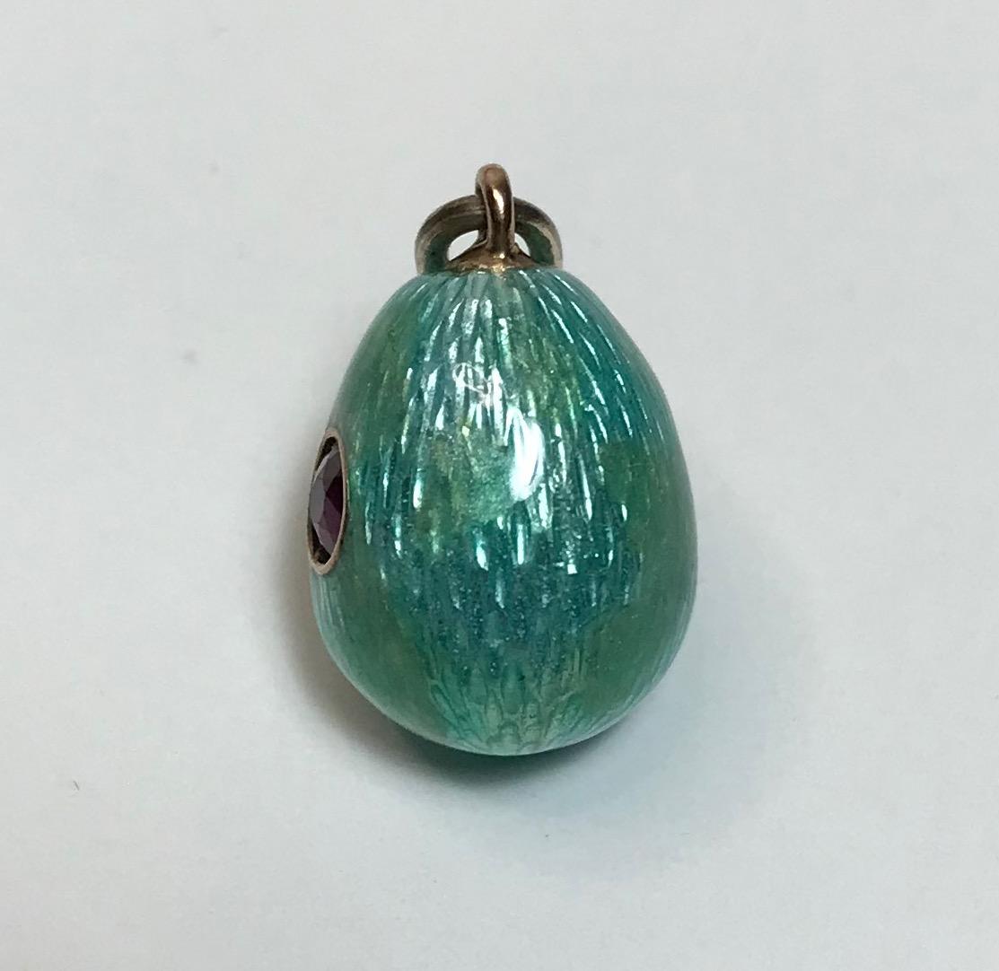Russian Empire Russian Teal Blue Enamel Ruby Egg Pendant, circa 1900