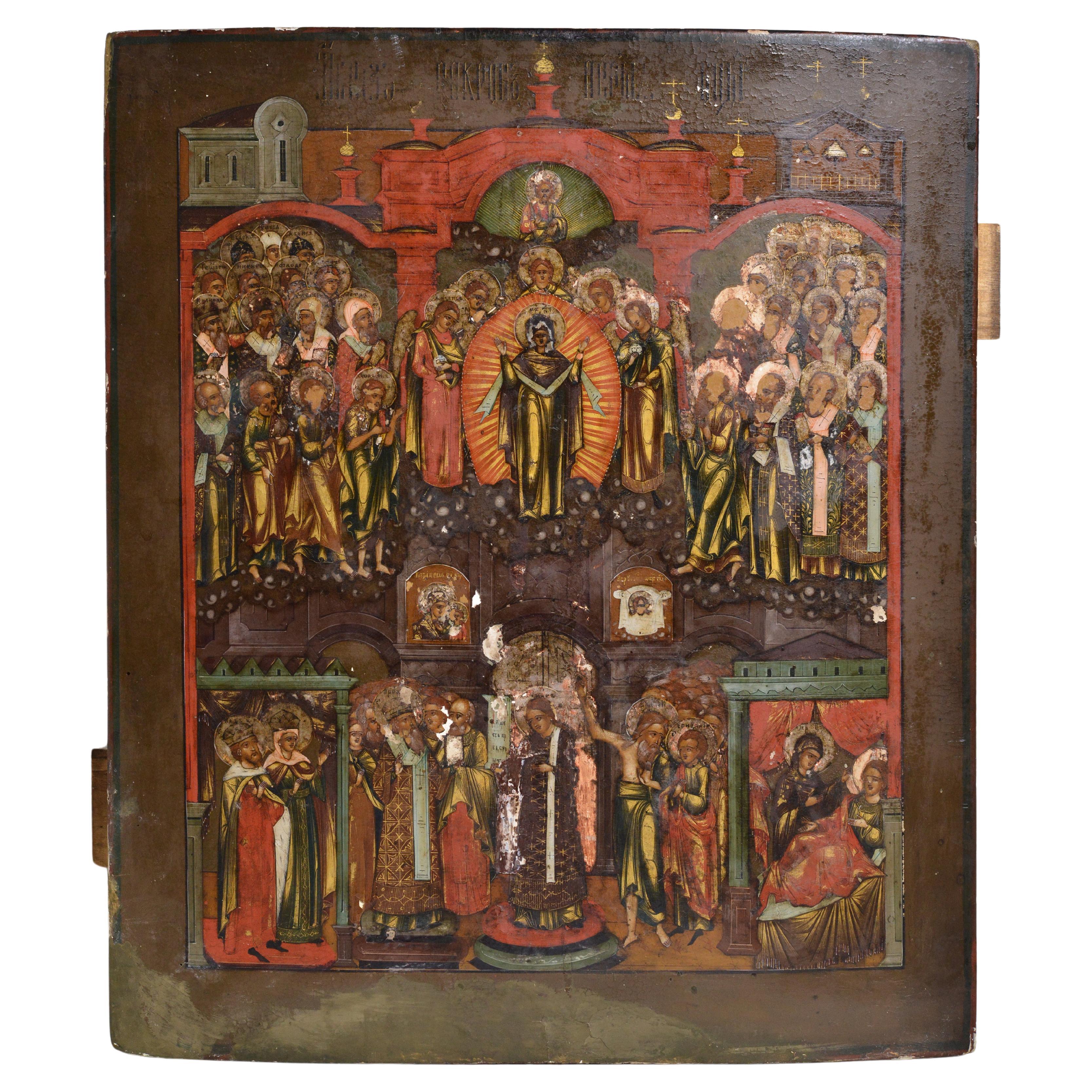 Russian Tempera Icon of the Protection 19th century Intercession of Theotokos 