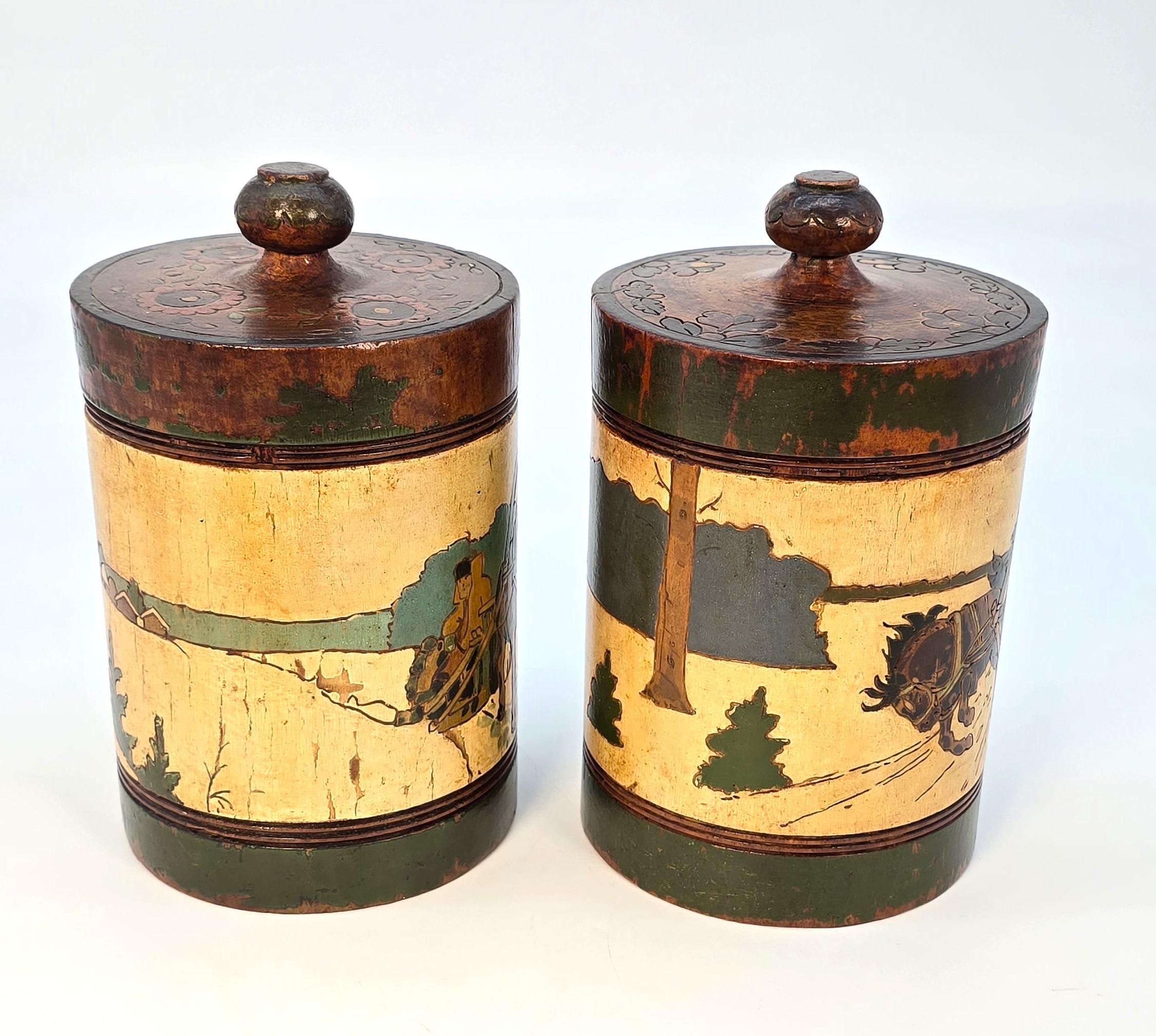 Recipientes rusos para tabaco con decoración tallada y pintada, treen, C 1890 Arte popular en venta