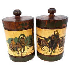 Russian tobacco containers with carved and painted decoration, treen, C 1890