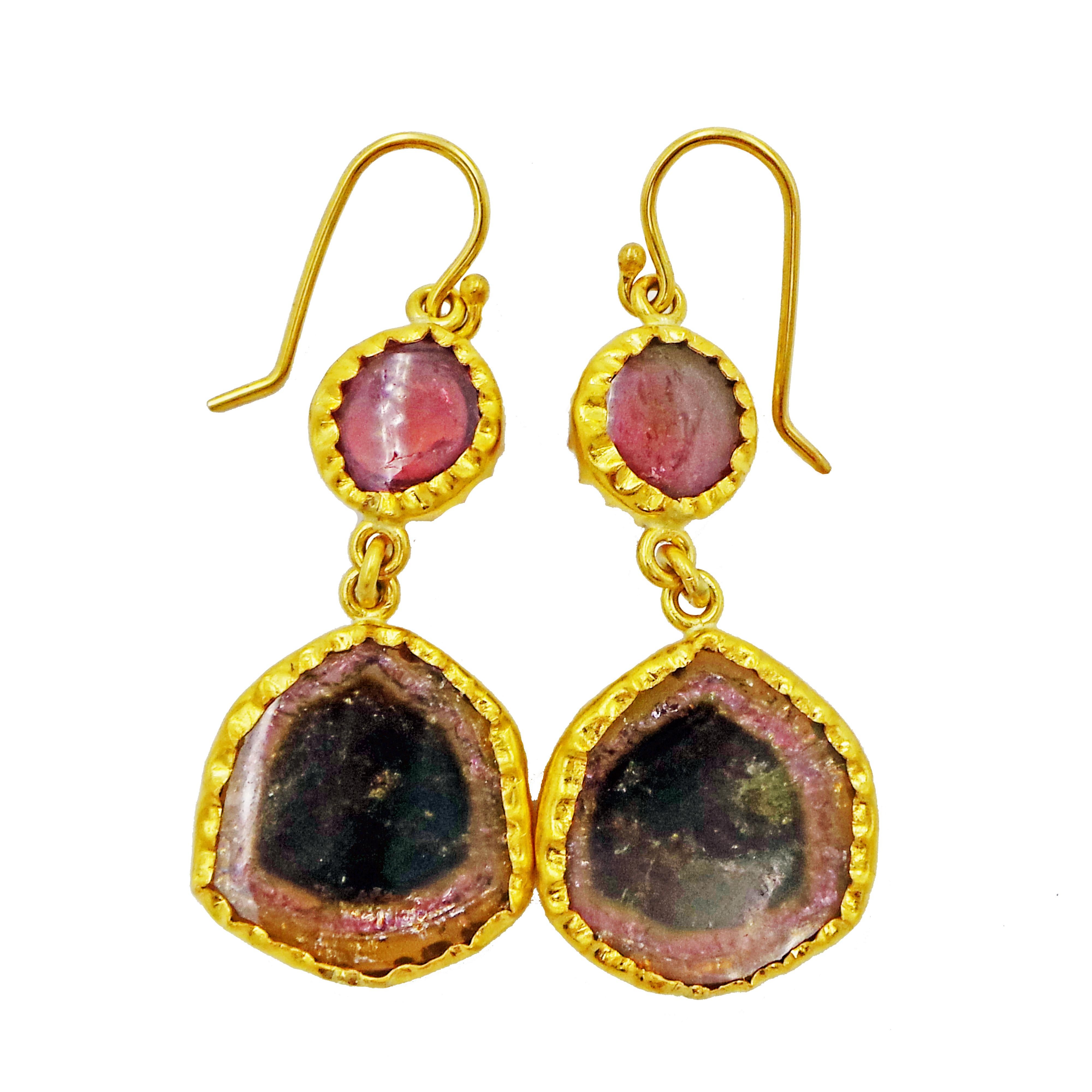 Unique, two-tier 22k yellow gold French wire dangle earrings featuring exquisite Pink Tourmaline and Watermelon Tourmaline slices from Russia. These Tourmaline gemstones are set with hand-forged, scalloped bezels. Gorgeous, one-of-a-kind pair of