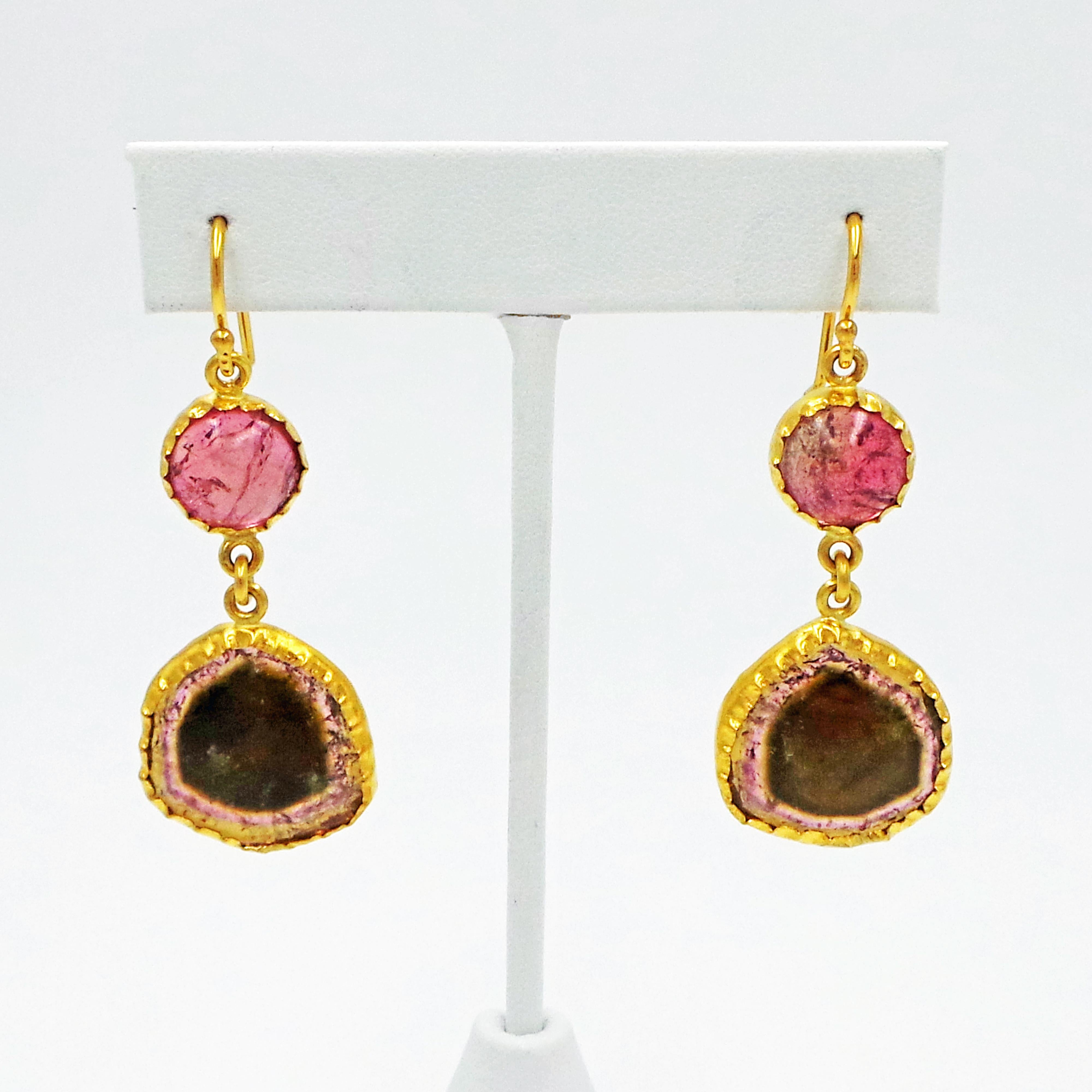 Russian Watermelon Tourmaline 22 Karat Gold Wrapped Dangle Earrings In New Condition In Naples, FL