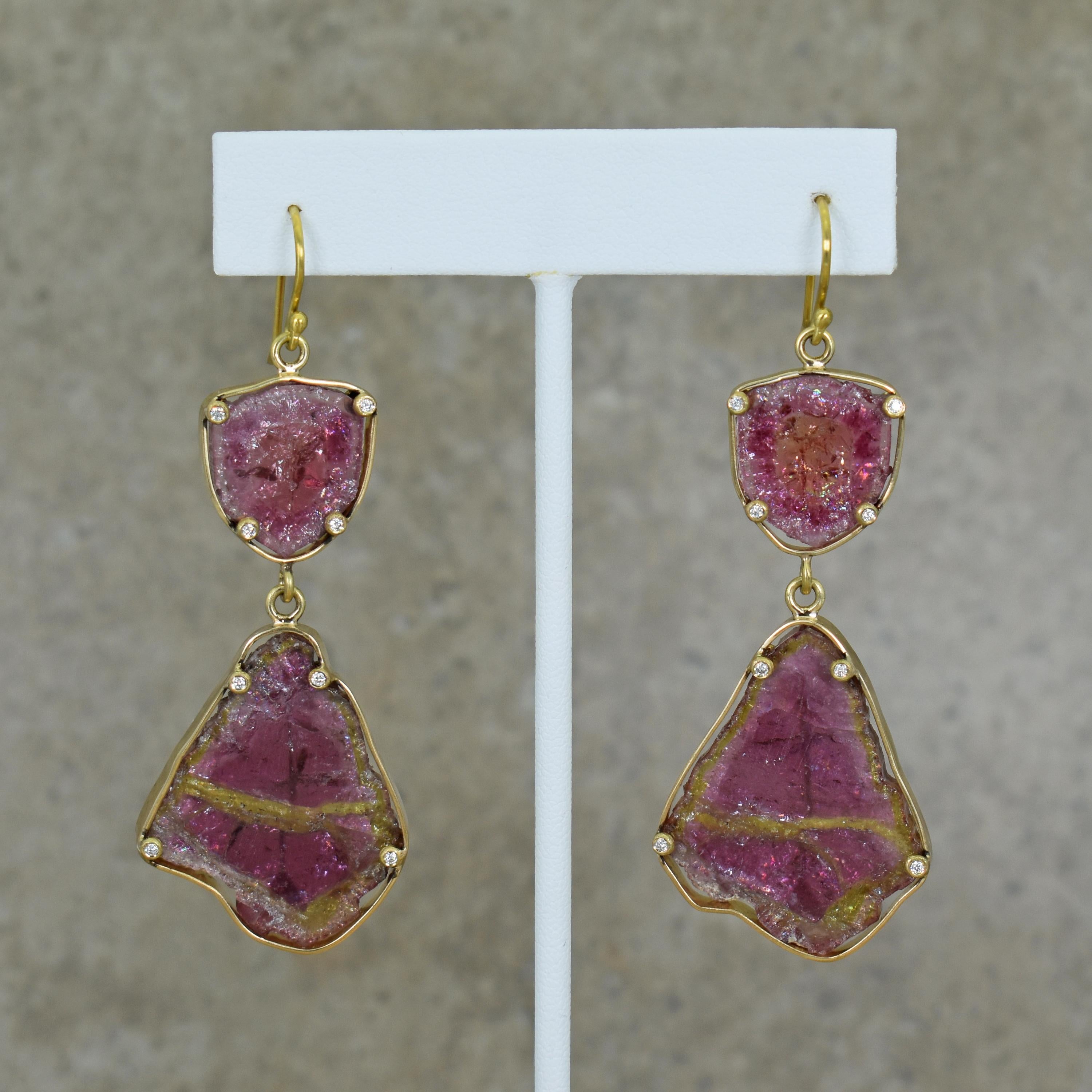 Russian pink watermelon Tourmaline slice, accent white Diamond prongs and 18k yellow gold dangle earrings. Dangle earrings are 2.88 inches in length. Gorgeous rough cut Tourmaline in these contemporary dangle earrings.