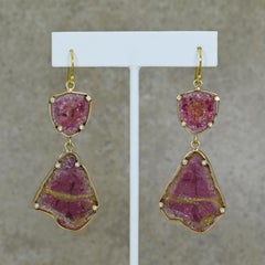 Russian Tourmaline Slice, Diamond and 18 Karat Gold Dangle Earrings