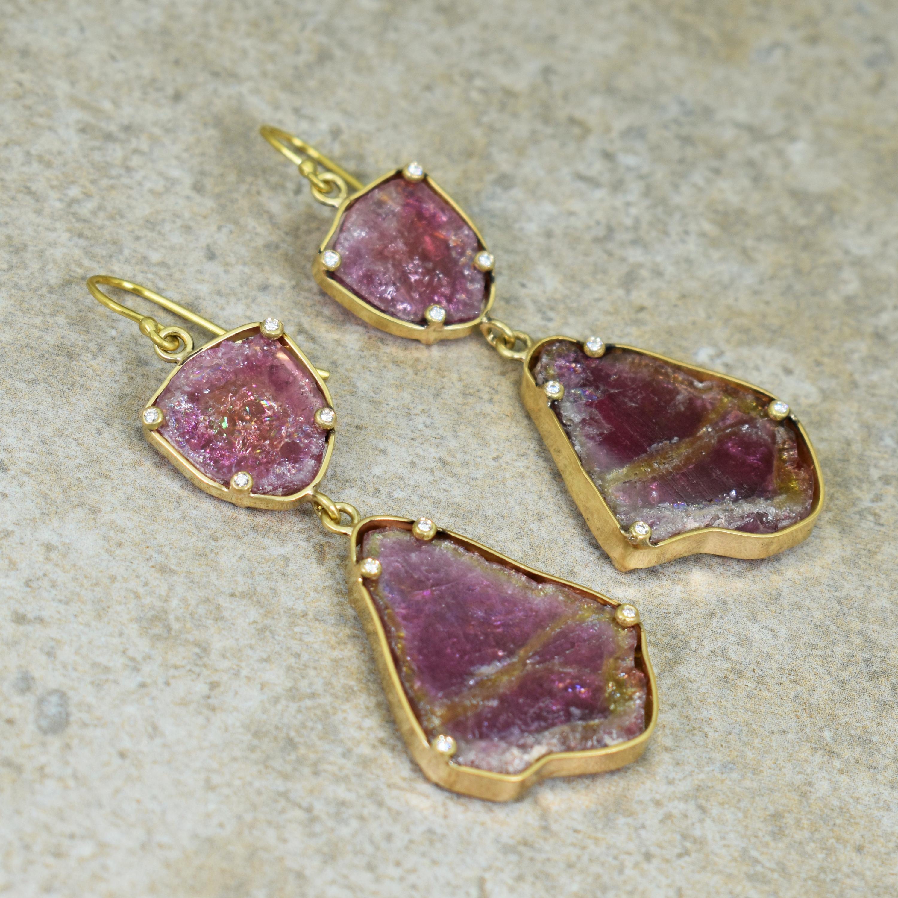 Russian Tourmaline Slice, Diamond and 18 Karat Gold Dangle Earrings In New Condition For Sale In Naples, FL