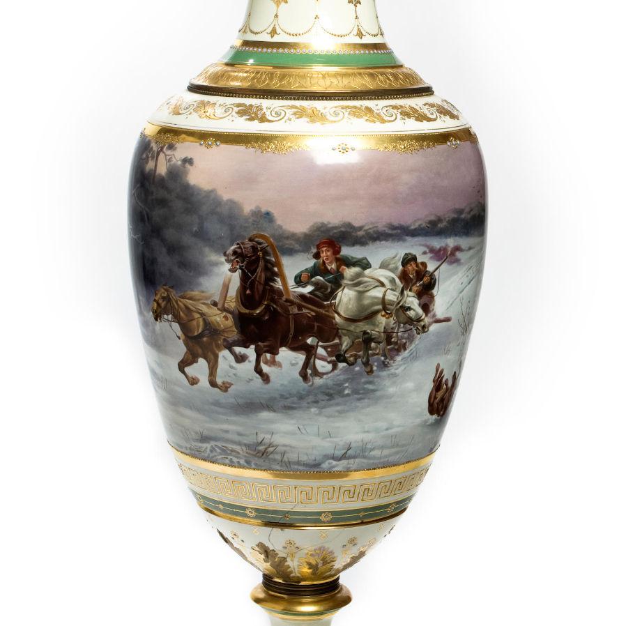 Louis XVI Russian Troica Porcelain Vase After Alfred Von Wierusz-Kowalski, 1849-1915