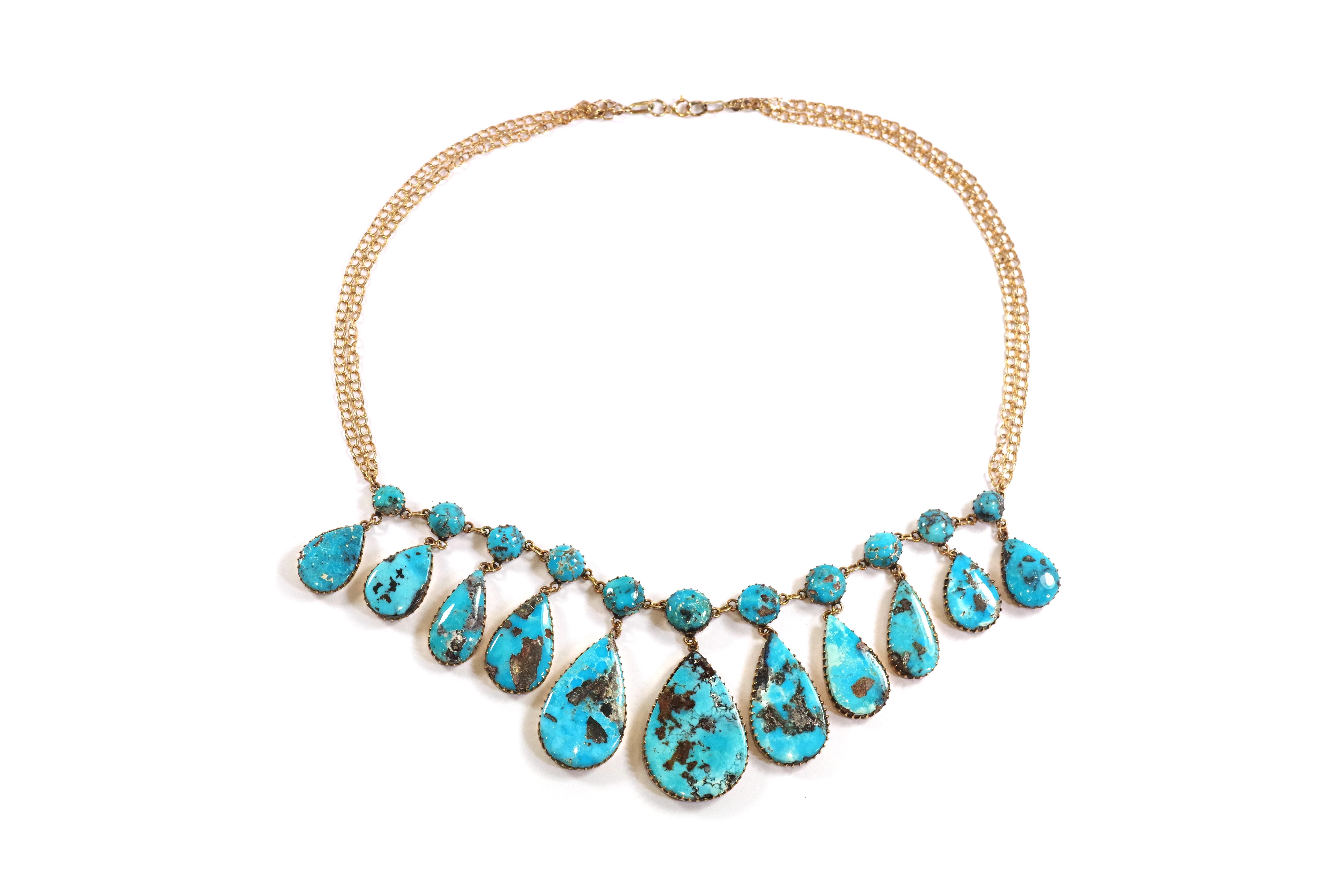 Cabochon Russian turquoise drapery necklace in 14k gold For Sale