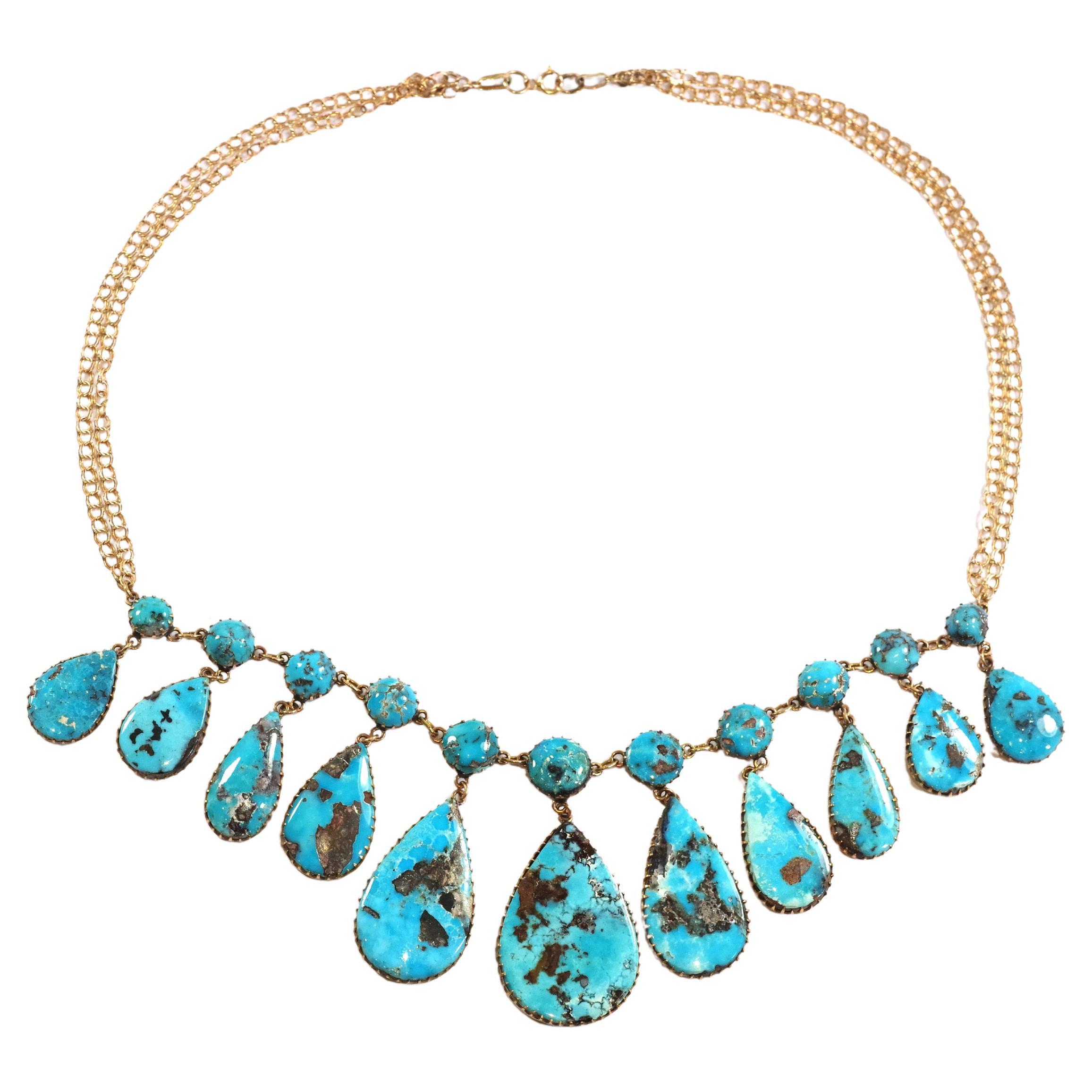 Russian turquoise drapery necklace in 14k gold For Sale