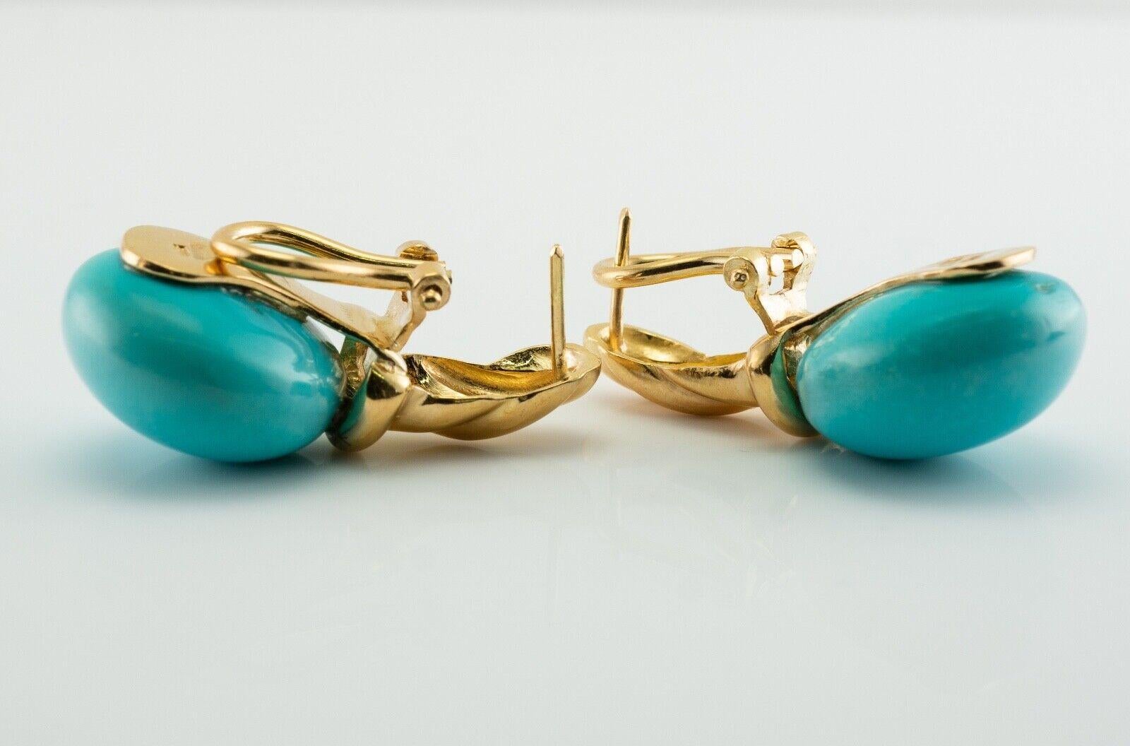 Cabochon Russian Turquoise Earrings 18K Gold USSR For Sale