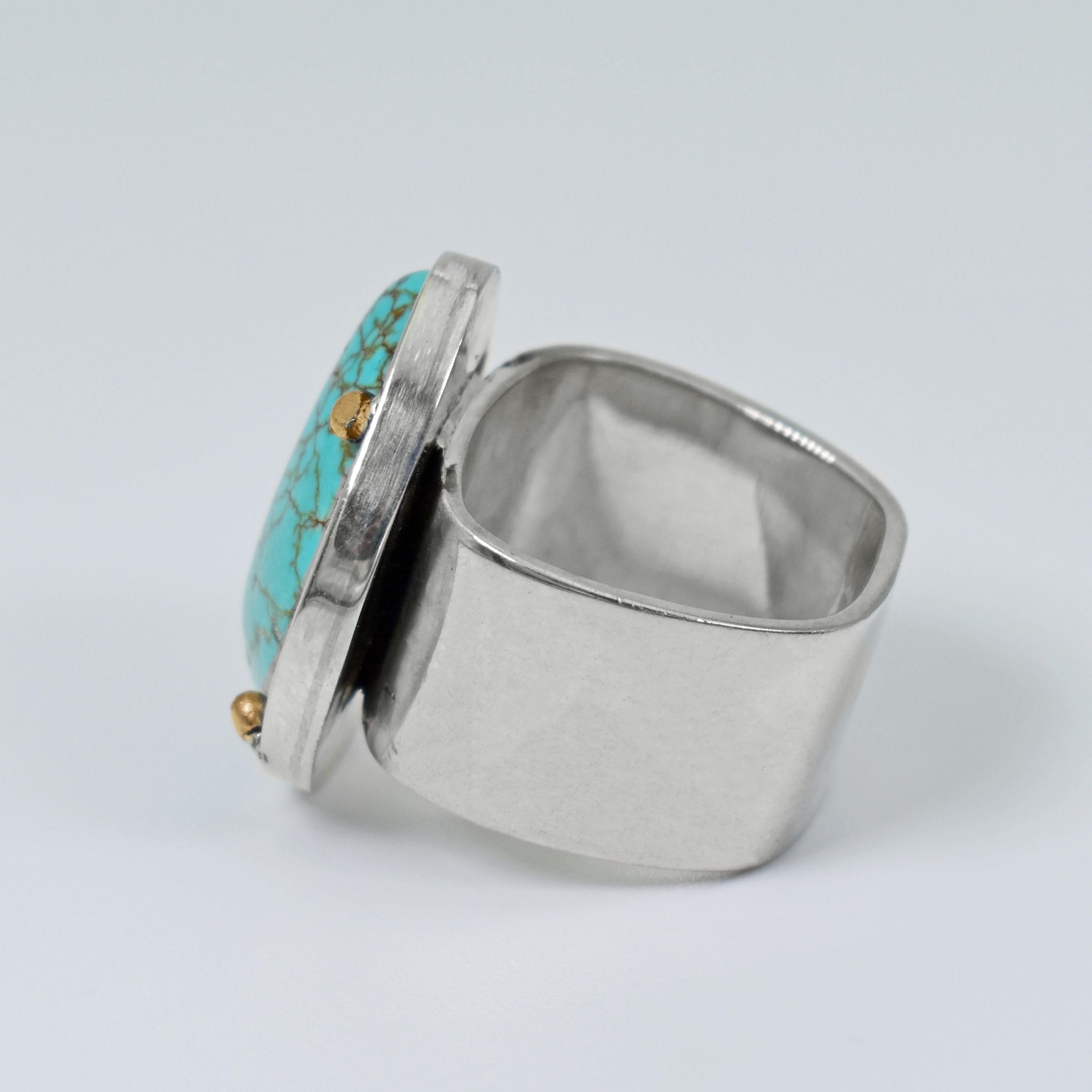 Contemporary Russian Turquoise Sterling Silver and 14 Karat Gold Two-Tone Cocktail Ring