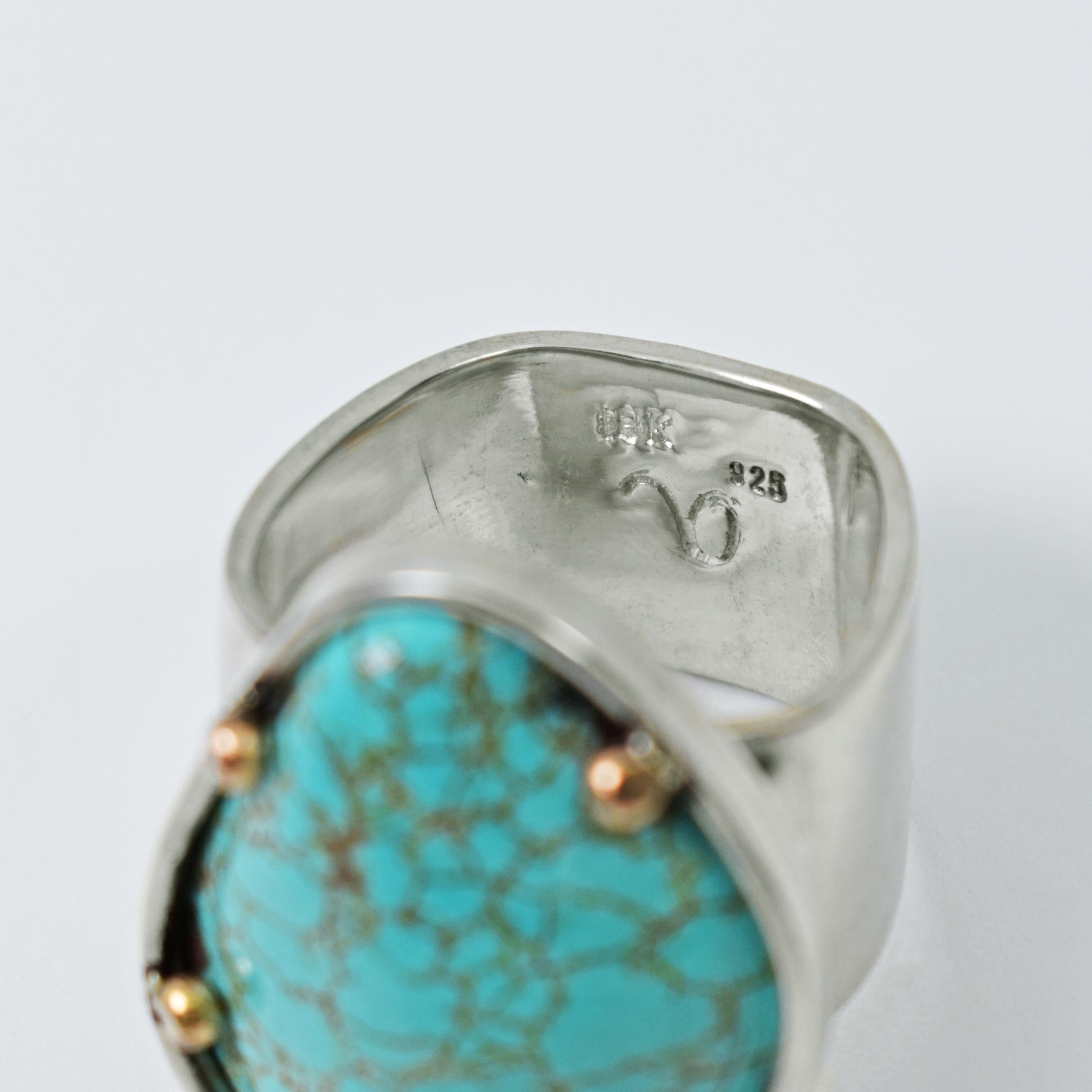 Cabochon Russian Turquoise Sterling Silver and 14 Karat Gold Two-Tone Cocktail Ring