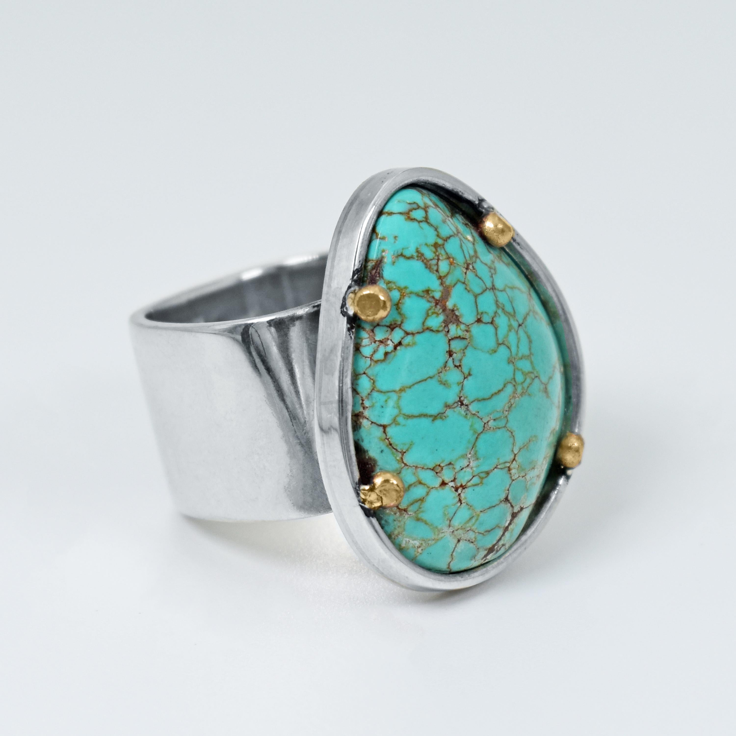 Women's Russian Turquoise Sterling Silver and 14 Karat Gold Two-Tone Cocktail Ring