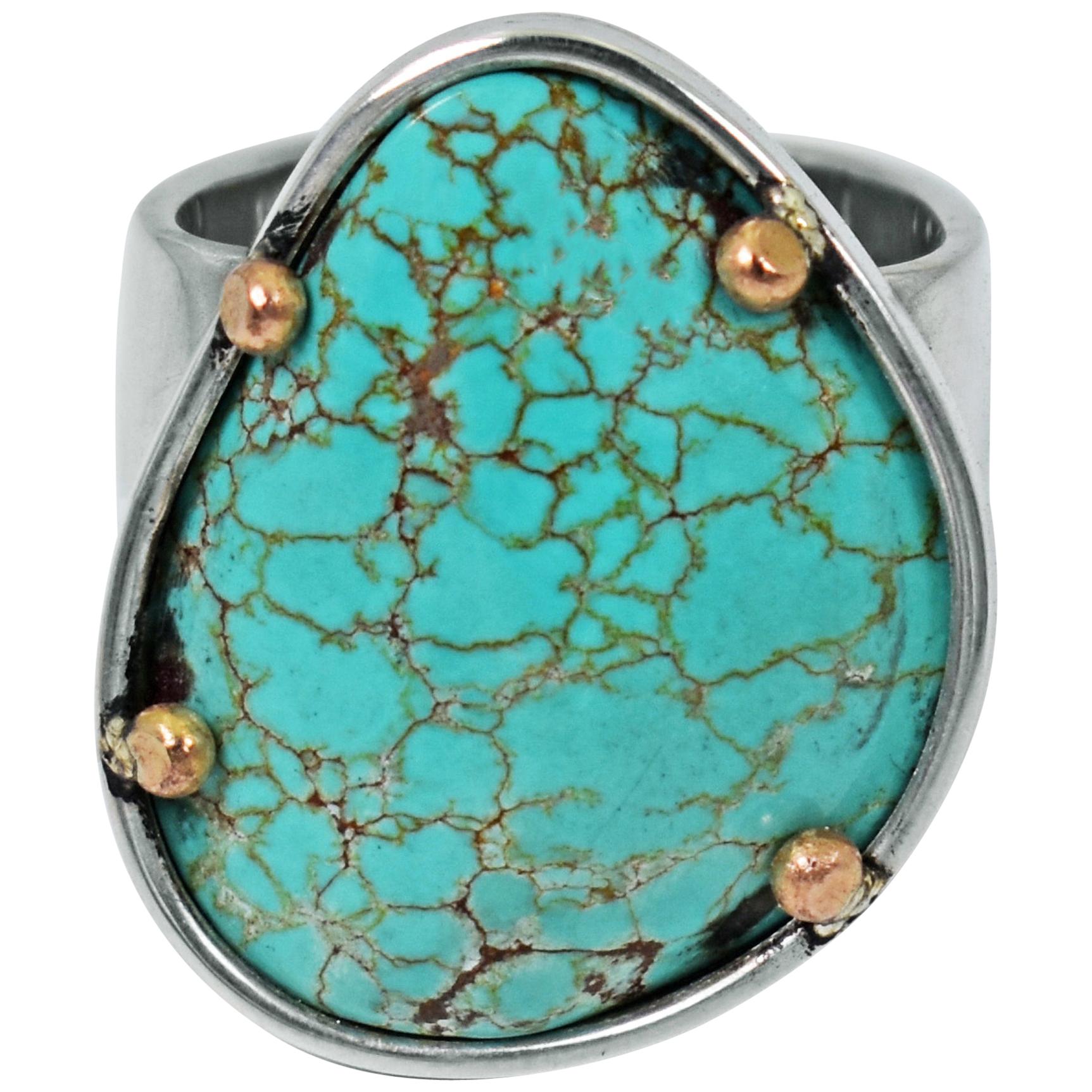 Russian Turquoise Sterling Silver and 14 Karat Gold Two-Tone Cocktail Ring