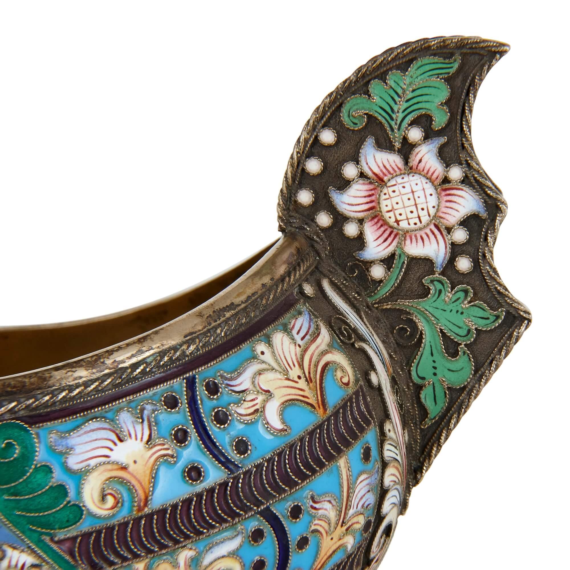Russian vermeil and cloisonné enamel water-bird kovsch In Good Condition For Sale In London, GB