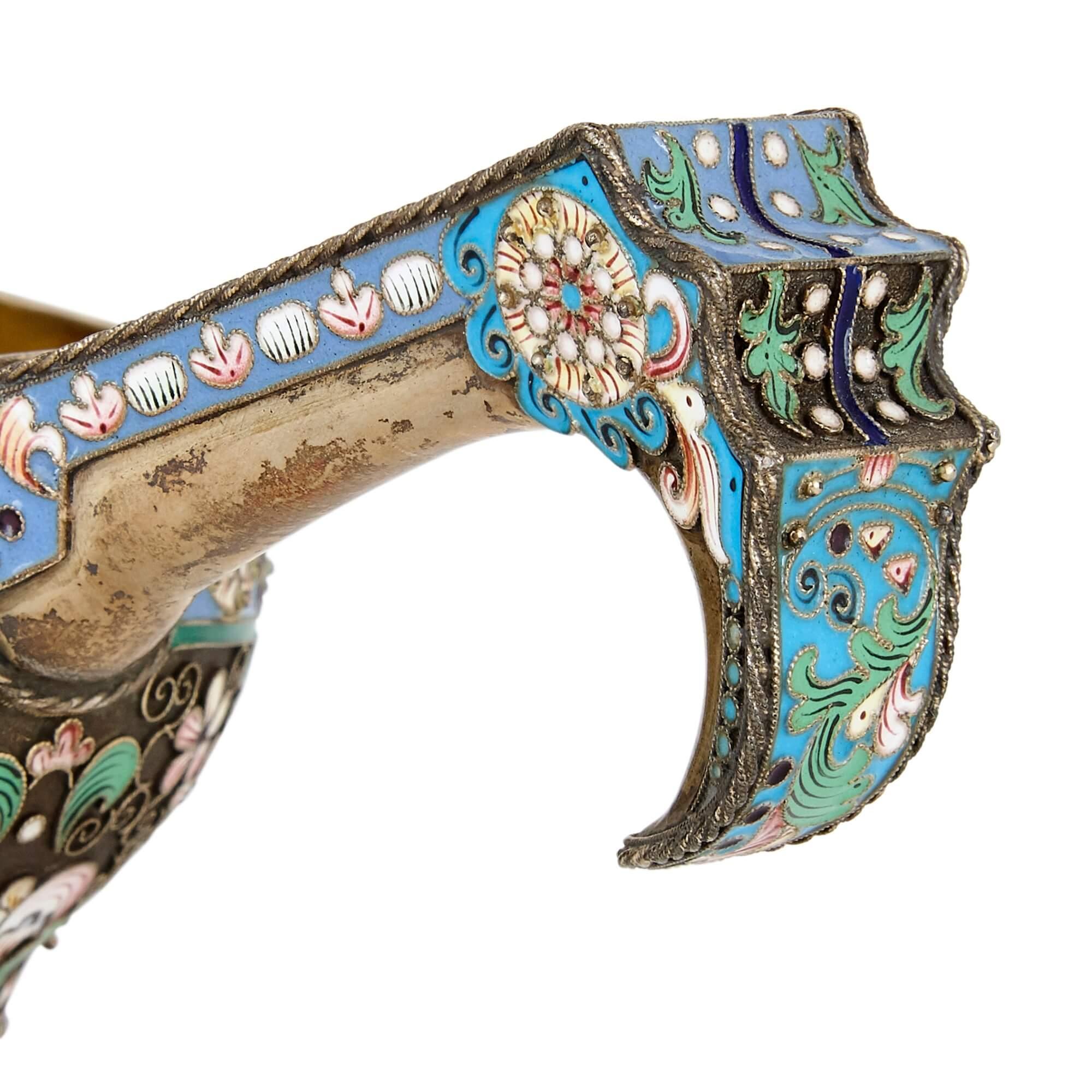 20th Century Russian vermeil and cloisonné enamel water-bird kovsch For Sale