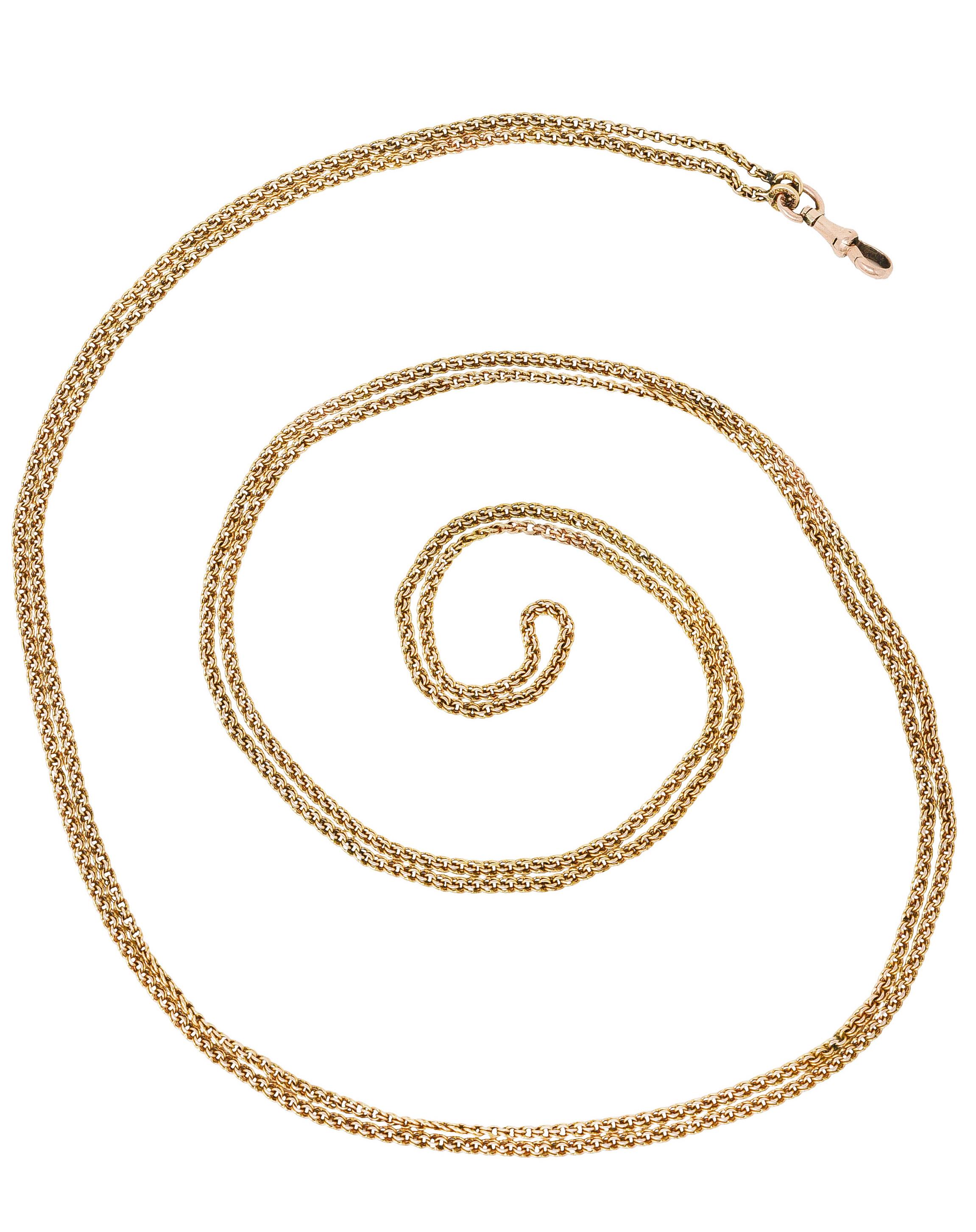 Eternity long chain necklace is comprised of doubled curbed links

Terminating as an antique lobster clasp with spring loaded mechanism

With maker's mark and Russian assay marks for 14 karat gold

Circa: 1900

Length: 59 inches

Lobster measures: