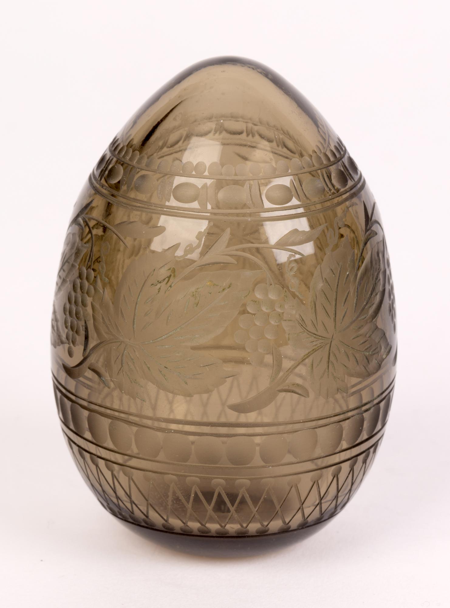 Russian Vintage Faberge Style Hand Blown Engraved Brown Tinted Glass Egg 3