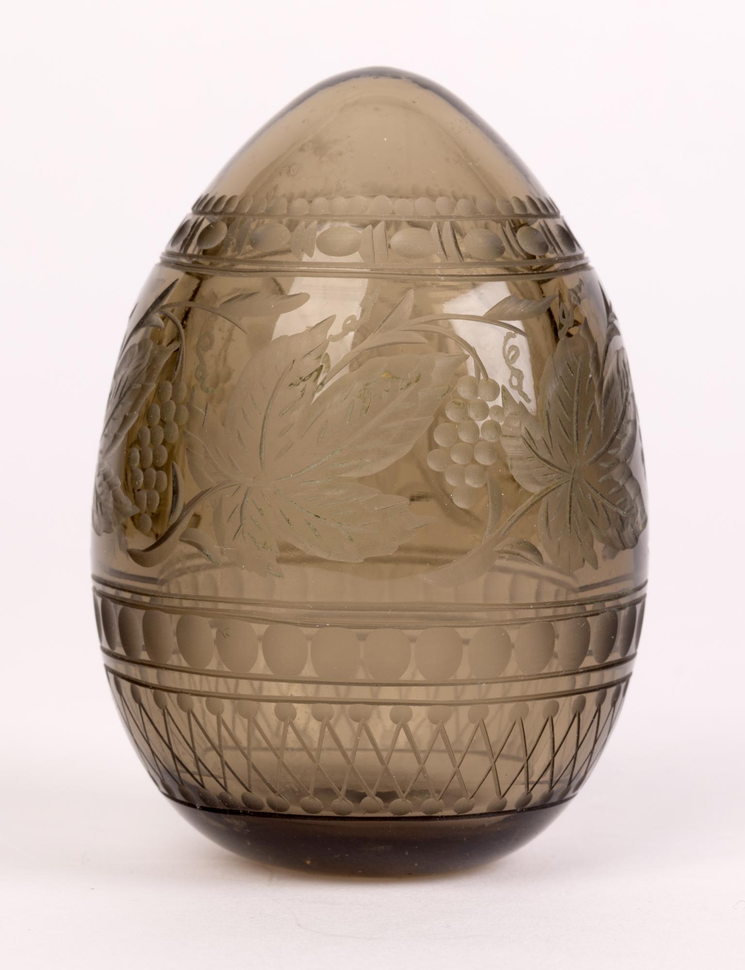 Russian Vintage Faberge Style Hand Blown Engraved Brown Tinted Glass Egg 5