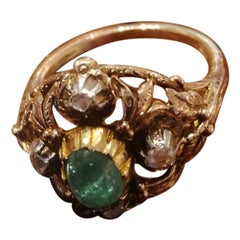 Russian Antique Ring, circa 1820, with Diamonds and Emerald