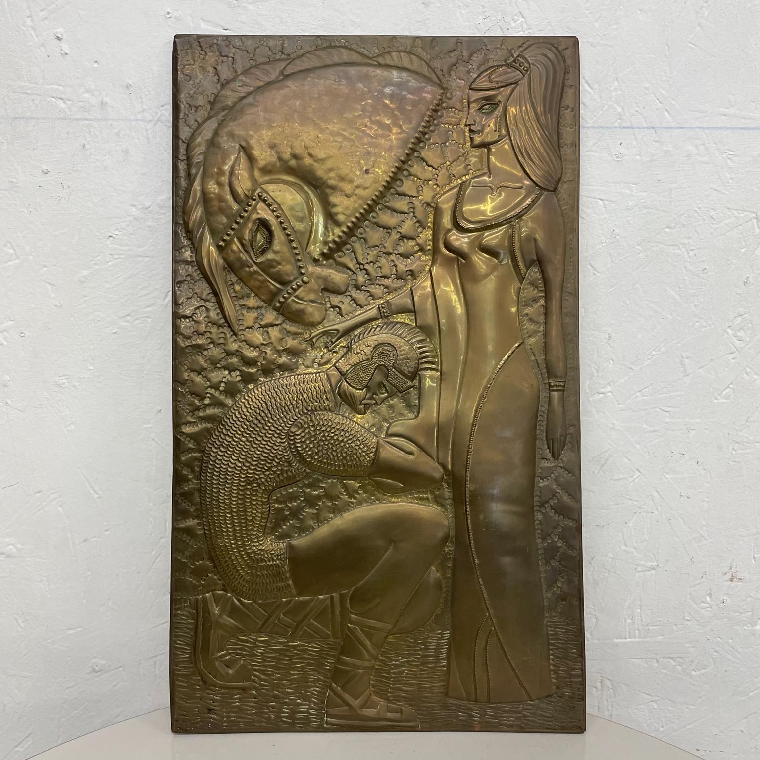 ART
Russian metal wall art in brass 
Soviet Art hammered brass relief work bended knee warrior soldier his horse and goddess queen
Label present on backside
11.38 w x 19.13 tall x .38 d
Preowned original vintage condition.
Refer to images.
 