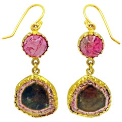 Russian Watermelon Tourmaline 22 Karat Gold Wrapped Dangle Earrings