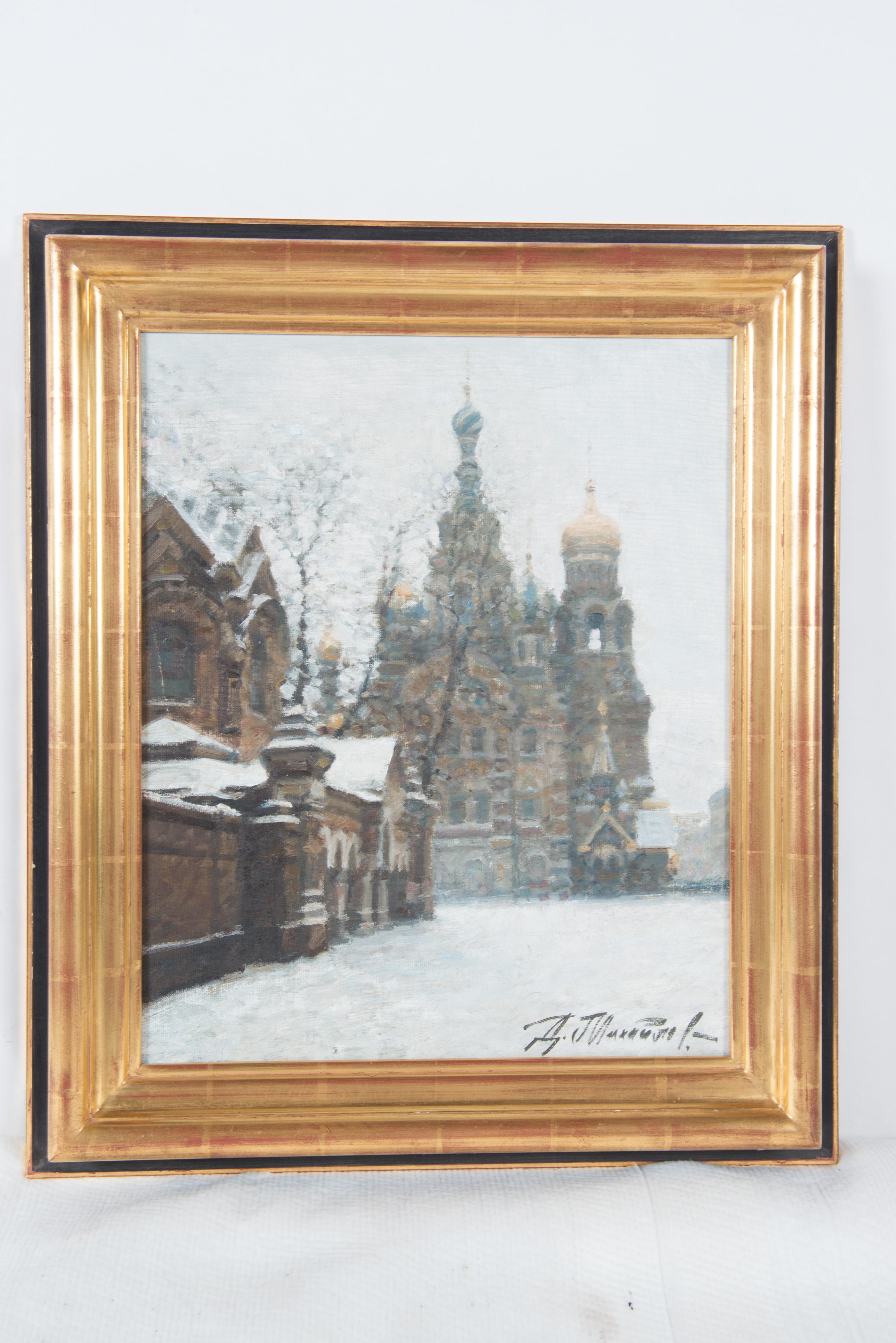 Oil on canvas Russian winter scene, purchased in St. Petersburg. In a gold leaf and ebony wood frame.
Some loss to gold leaf.